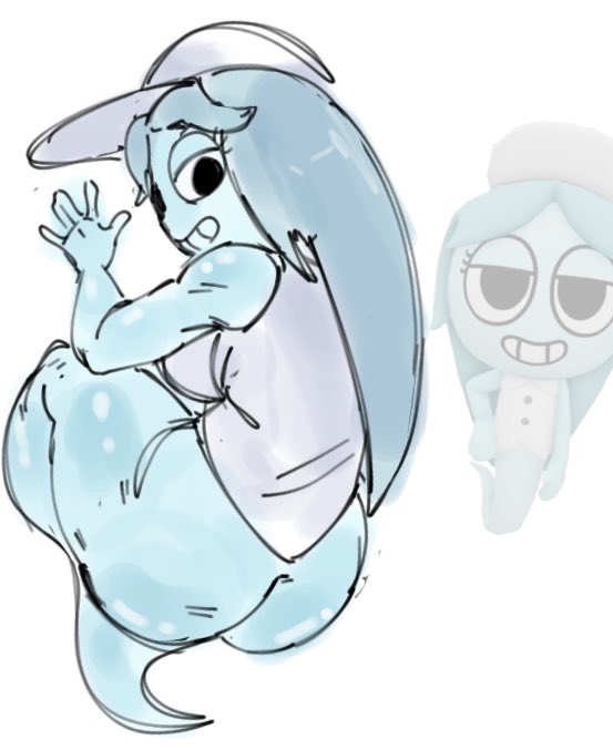 apple whore, blue body, connie (dandy's world), dandy's world, looking at viewer, looking back, partially clothed, roblox, roblox game, tagme, white shirt