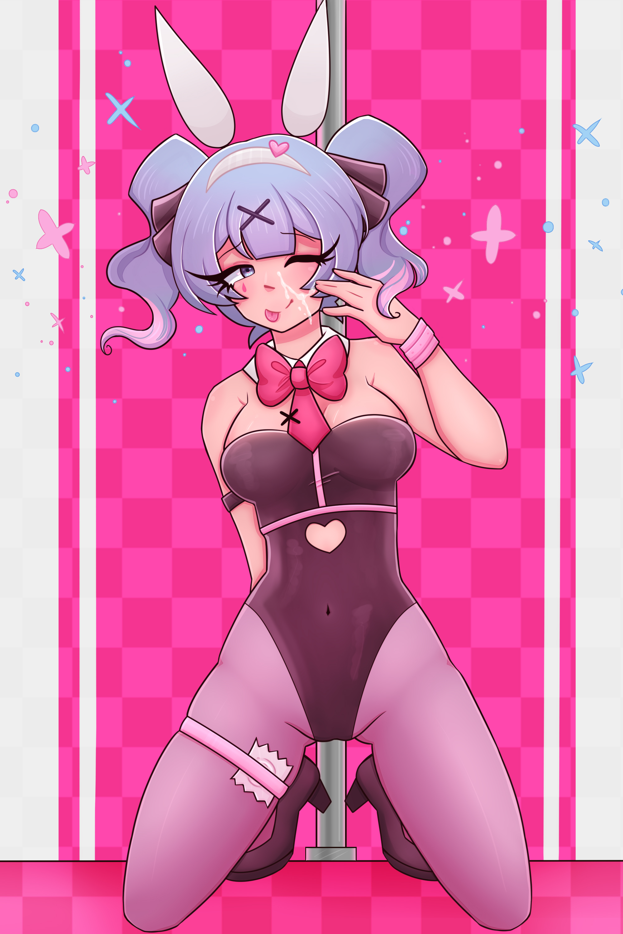 1girl, animal ears, bangs, black footwear, black heels, black leotard, blue eyes, blue hair, blush, bow, breasts, bunny ears, bunny girl, bunnysuit, checkered background, clothed female, clothing cutout, covered navel, cum, cum on face, detached collar, facial, fake animal ears, hair ornament, hand on face, hatsune miku, heart, heels, high heels, kneeling, leotard, looking at viewer, makeup, medium breasts, one eye closed, pantyhose, pink bow, pink hair, playboy bunny, pole, pole dancing, rabbit ears, rabbit girl, rabbit hole (vocaloid), solo, solo female, strapless, stripper pole, thigh strap, thighs, tongue, tongue out, twintails, virtual youtuber