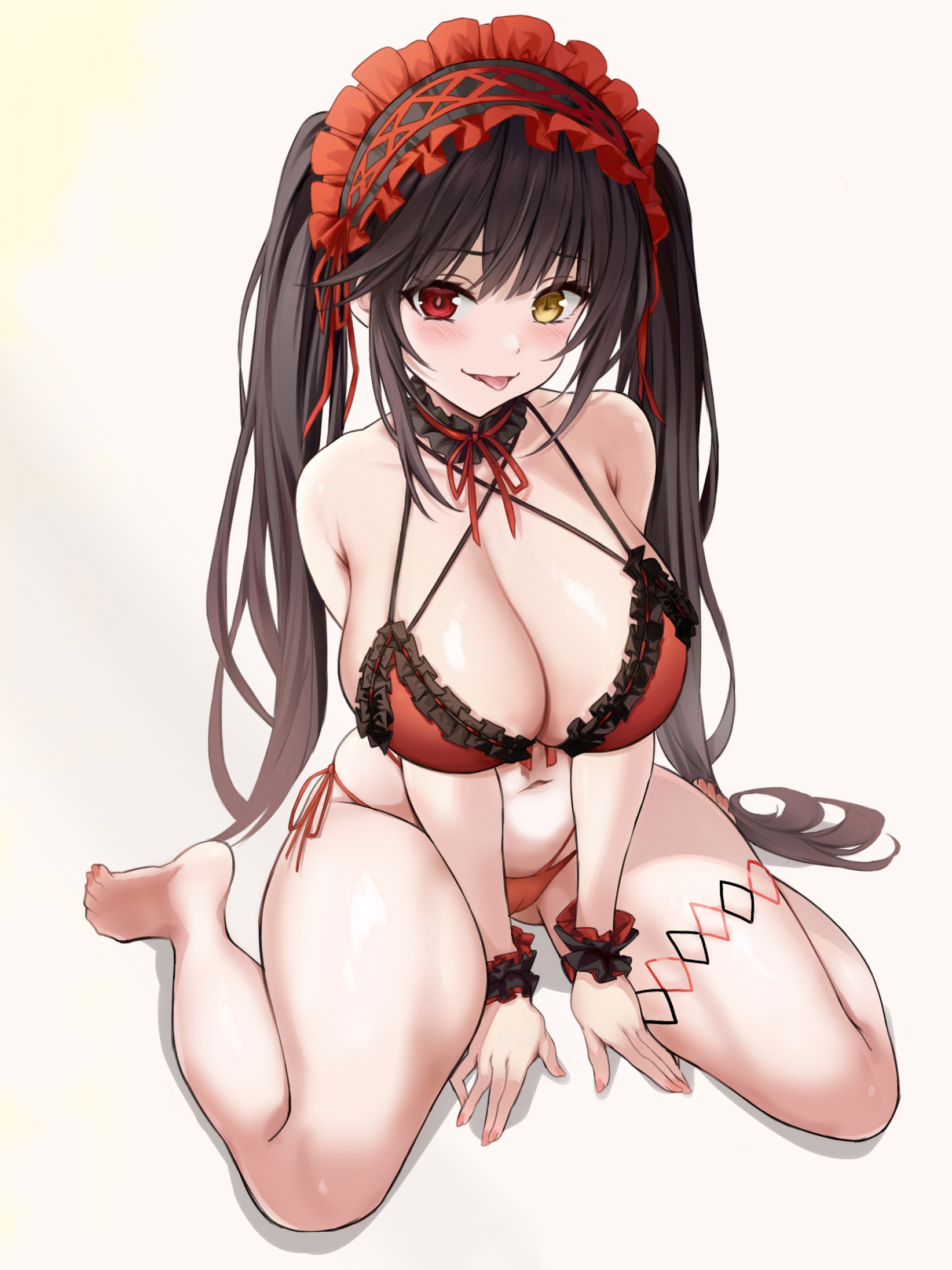 :p, asymmetrical hair, barefoot, bikini, black hair, blush, breasts, cleavage, clock eyes, date a live, feet, female, frilled hairband, frills, hairband, heterochromia, highres, large breasts, long hair, looking at viewer, navel, red bikini, red eyes, saint laurent paris, sitting, solo, swimsuit, symbol-shaped pupils, thighs, toes, tokisaki kurumi, tongue, tongue out, twintails, very long hair, wariza, yellow eyes