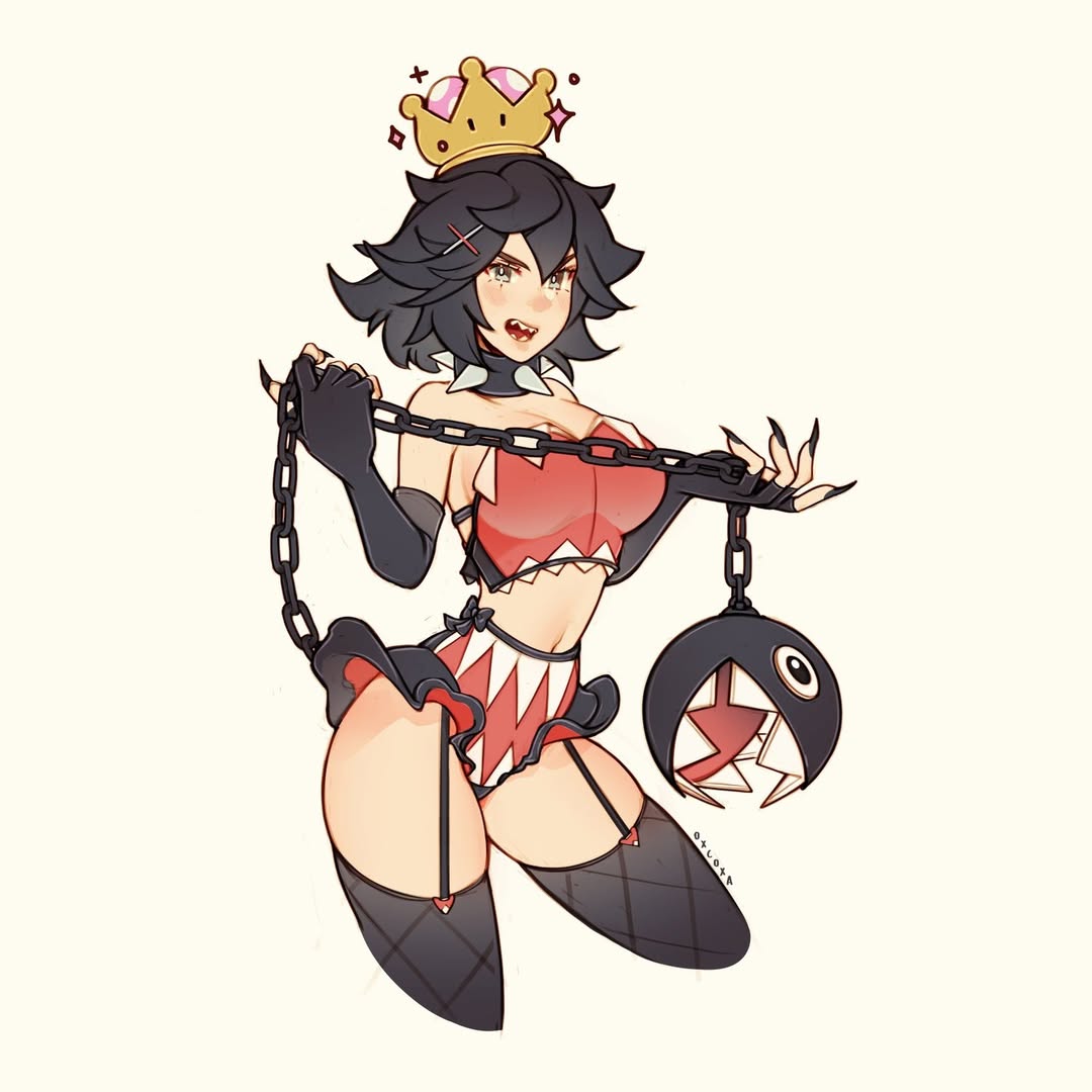1girls, black hair, chain chomp, chains, chompette, collar, fangs, female, long fingernails, long nails, mario (series), nail polish, nintendo, oxcoxa, painted fingernails, painted nails, sharp fingernails, super crown, thighhighs, thighs
