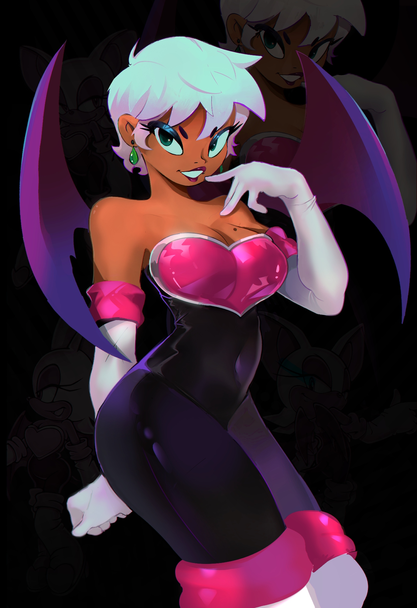 2025, bare shoulders, bat wings, ben sadfleck, bensadfleck, black bodysuit, bodysuit, boots, breasts, cleavage, cowboy shot, dark skin, dark-skinned female, earrings, elbow gloves, female, gloves, green eyes, heart, highres, humanization, jewelry, knee boots, looking at viewer, mole, mole on breast, multiple persona, navel, rouge the bat, sega, short hair, single earring, solo, sonic (series), sonic the hedgehog (series), white hair, wings, zoom layer
