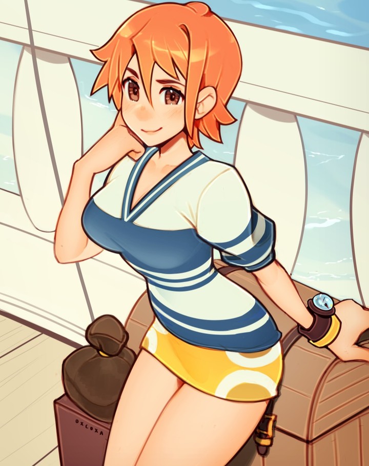 1girls, brown eyes, clothing, female, female only, nami (one piece), one piece, orange hair, orange-haired female, oxcoxa, pre-timeskip, short hair, skirt, thighs