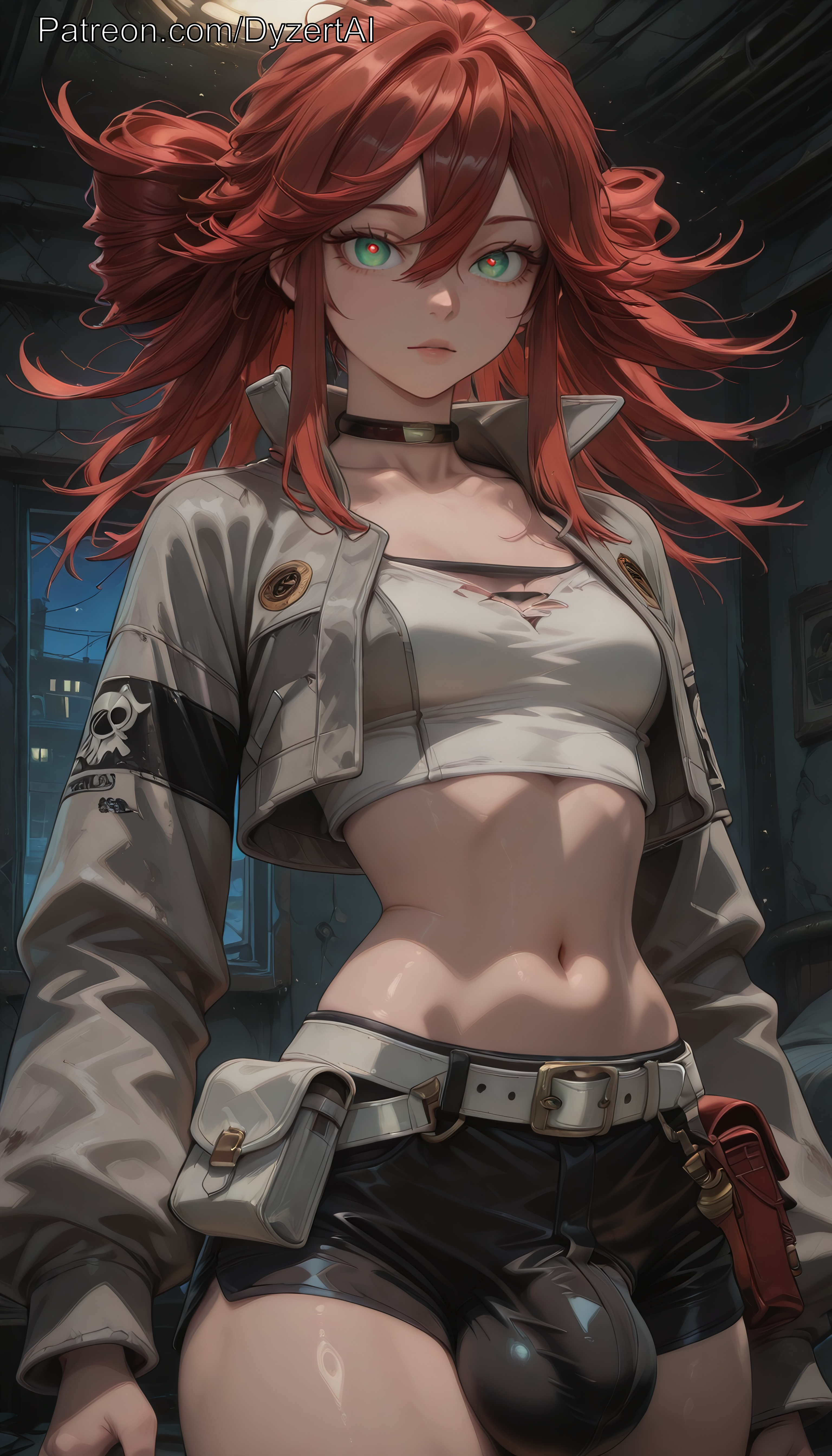 1futa, 2025, ai generated, ball bulge, balls, bulge, bulge through clothing, cock, dyzertai, futa only, futanari, gachiakuta, green eyes, hourglass figure, hourglass figured futa, night, penis bulge, red hair, riyo reaper, riyou reaper, self upload, shorts bulge, solo