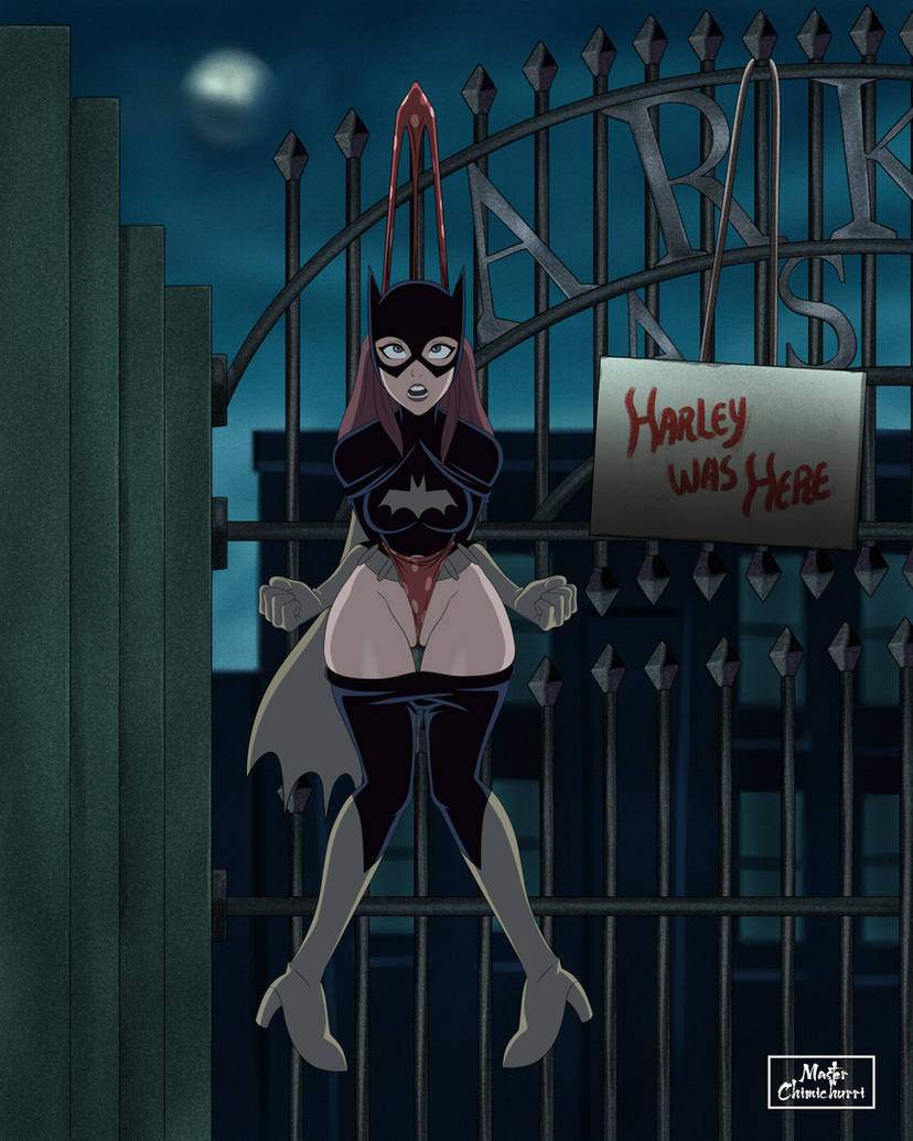 barbara gordon, batgirl, batgirl (barbara gordon), batman (series), dc comics, defeated, defeated heroine, embarrassed, eyes rolling back, hanging wedgie, heroine, high heel boots, high heels, humiliation, masked female, master chimichurri, open mouth, panties, panties pull, pants down, pants pulled down, partially visible vulva, pink panties, polka dot panties, public, public exposure, public humiliation, superheroine, suspended in midair, wedgie, wedgie fetish, wedgied female