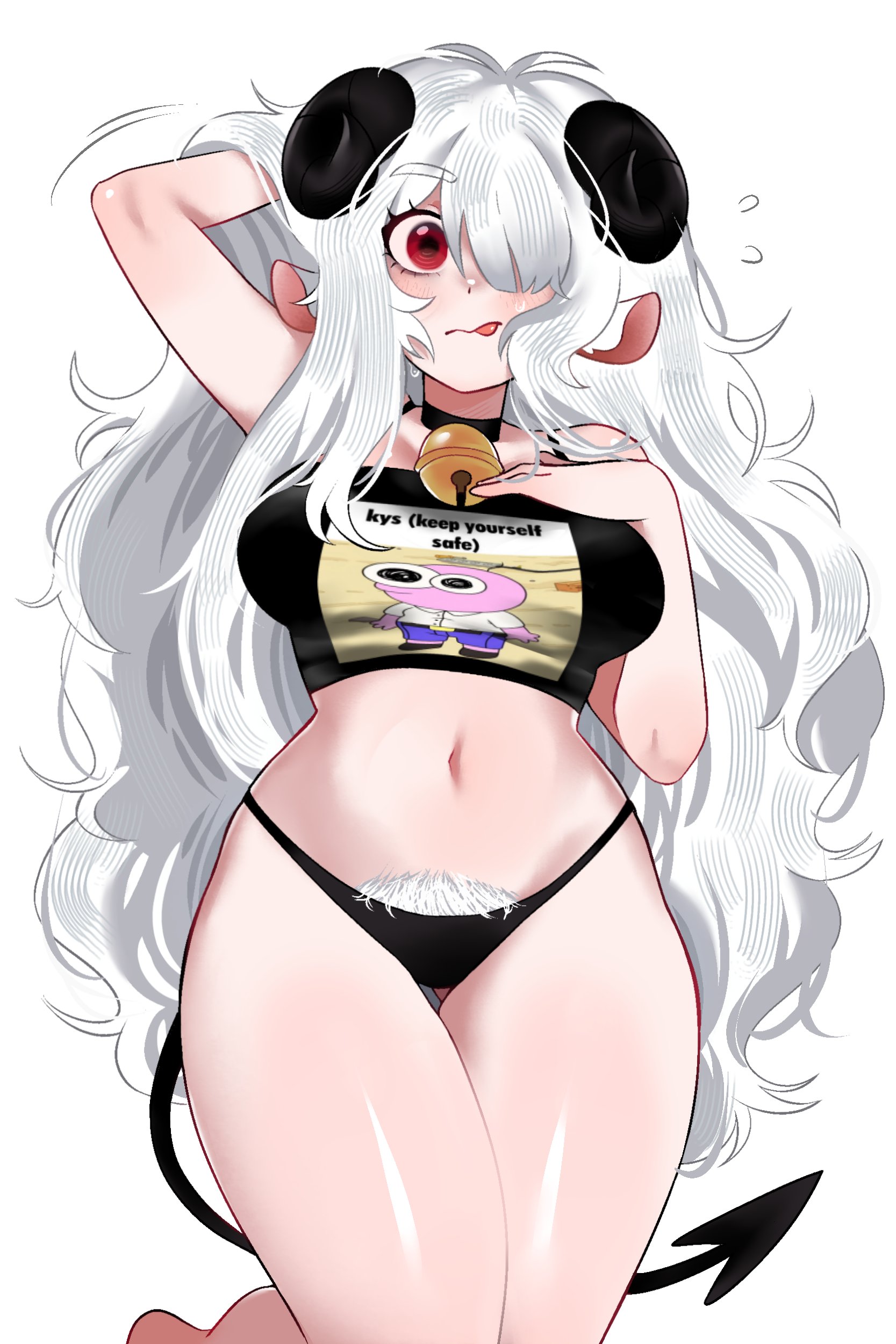 1girls, ass, bell, belly, belly button, big breasts, blush, bra, breasts, child bearing hips, collar, demon, demon girl, demon horns, demon tail, devil, devil girl, devil horns, devil tail, eyebags, female, female only, goat ears, goat horns, hairy, hairy pussy, helltaker, helltaker (character), horny, horny female, long hair, massive ass, massive breasts, meme, no bra, osu (osulan x helltaker), osu (osulewd), osulan, osulewd, osulight, pale skin, pale-skinned female, panties, pose, posing, pubic hair, pubic hair peek, pussy hair, pussy hairy, red eyes, self insert, sweat, sweatdrop, sweating, tank top, thick hips, thick legs, thick thighs, tired eyes, white body, white hair, white skin