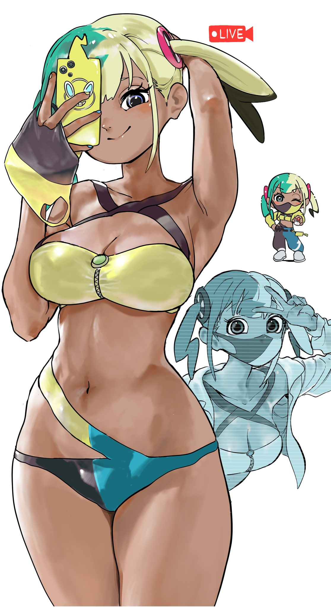 1girls, bikini, black hair, blonde hair, blue eyes, blue hair, blue nails, canari (pokemon), canary (pokemon), cleavage, female, female only, game freak, hologram, large breasts, multicolored hair, nail polish, navel, nintendo, pokemon, pokemon legends: z-a, selfie, solo, solo female, sukoyaka tsukasa, swimsuit, tan skin, tan-skinned female, tanned skin, yellow nails