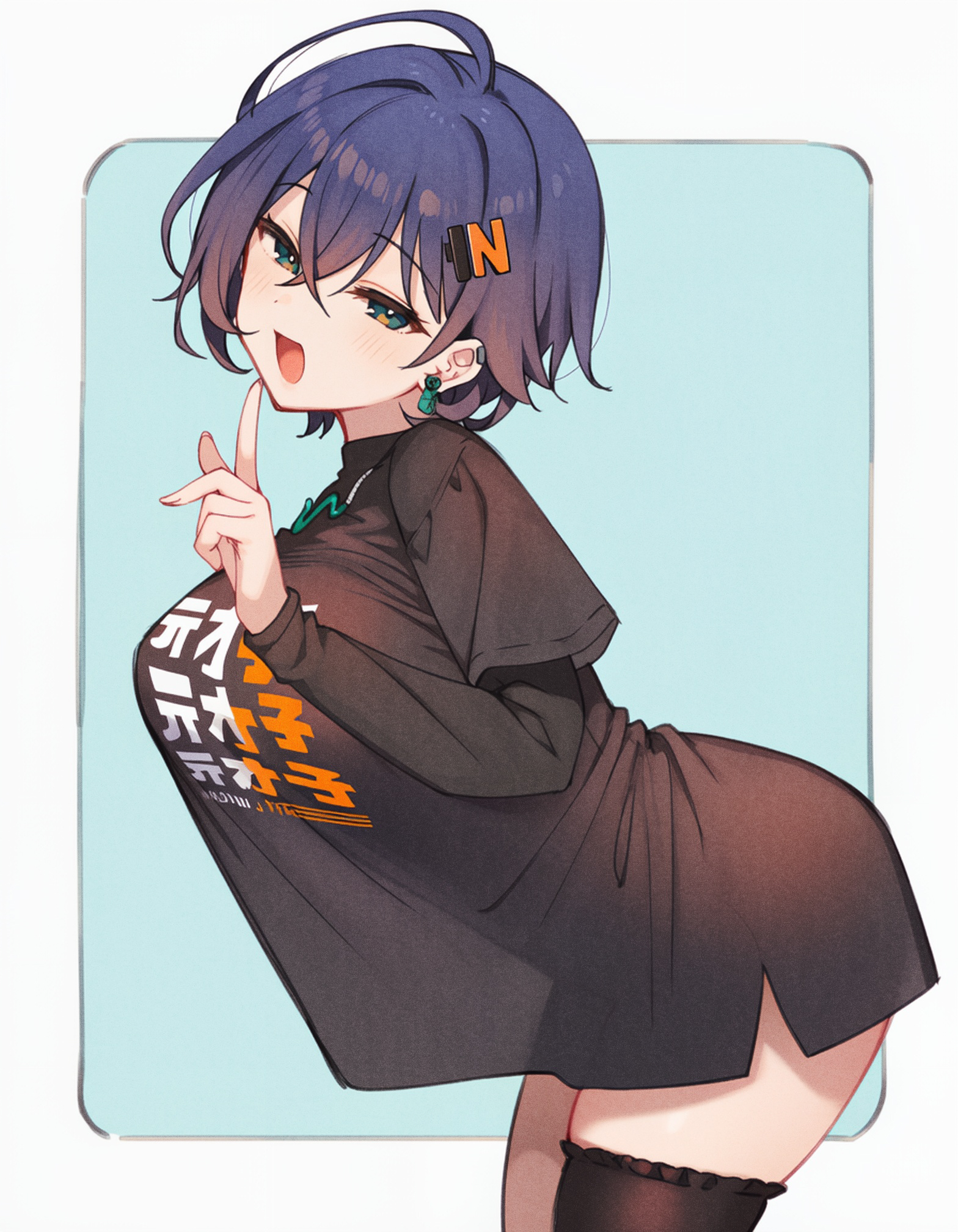 1girls, 2025, ai generated, baggy clothing, bare thighs, belle (zenless zone zero), blue background, blue hair, blush, bottomless, breasts, cute, earrings, female, female only, green eyes, hi res, hoyoverse, legwear, light skin, light-skinned female, medium breasts, mihoyo, open mouth, shirt, shirt only, shirt up, short hair, simple background, smile, solo, unajyu, unajyudayo, white background, white skin, zenless zone zero