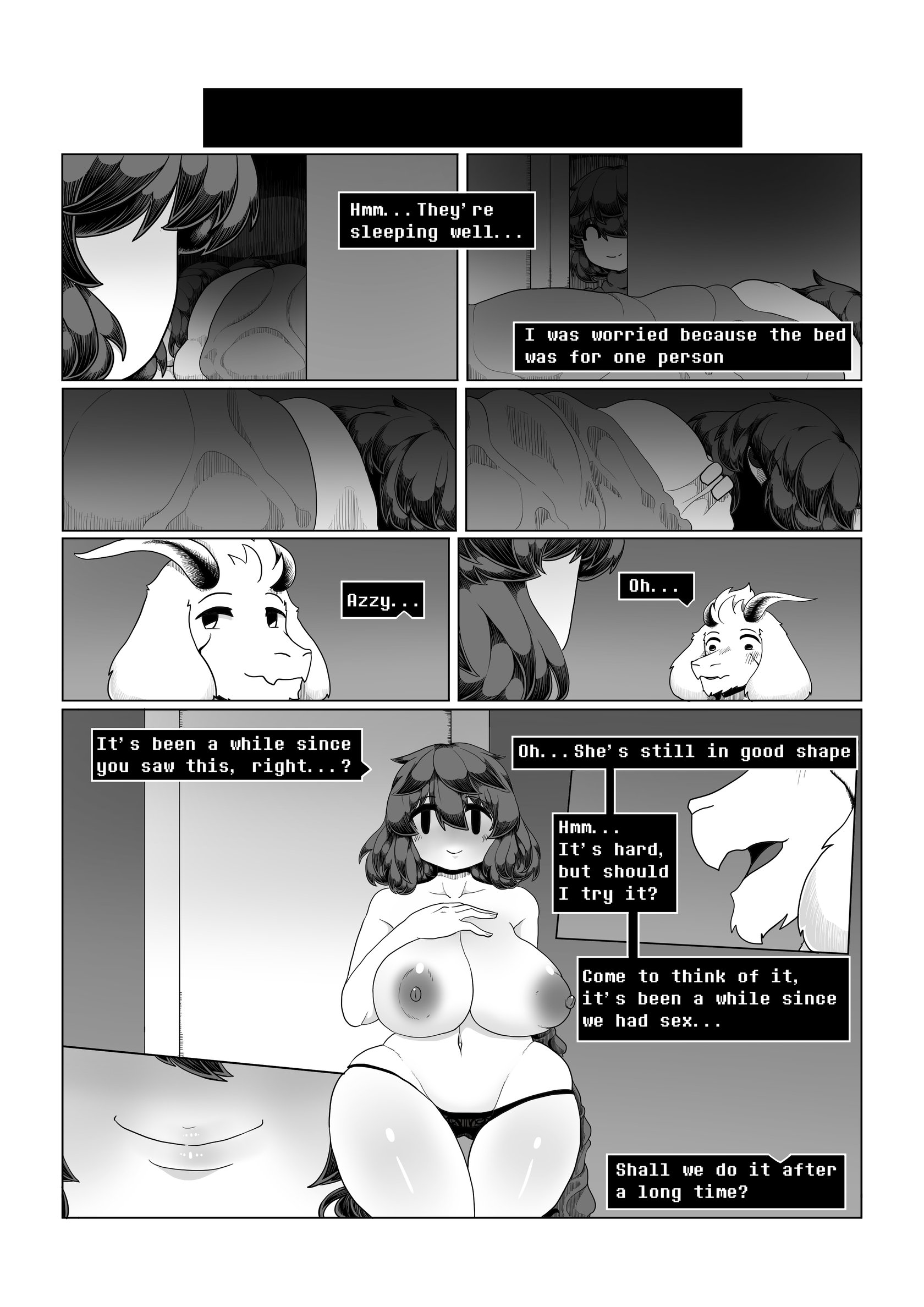 1boy, 1girls, adoptive incest, adoptive siblings, aged up, anthro, anthro on human, areolae, asriel dreemurr, asriel dreemurr (god form), blush, brown hair, chara, chasriel, child bearing hips, comic, english text, female chara, floppy ears, fluffy ears, fluffy hair, frisk, horns, human, human female, if happy, imminent sex, incest, love, massive ass, massive breasts, massive thighs, mob face, more chasriel, panties, romantic couple, rosy cheeks, short hair, text, undertale, undertale (series), white fur, whitewo1f