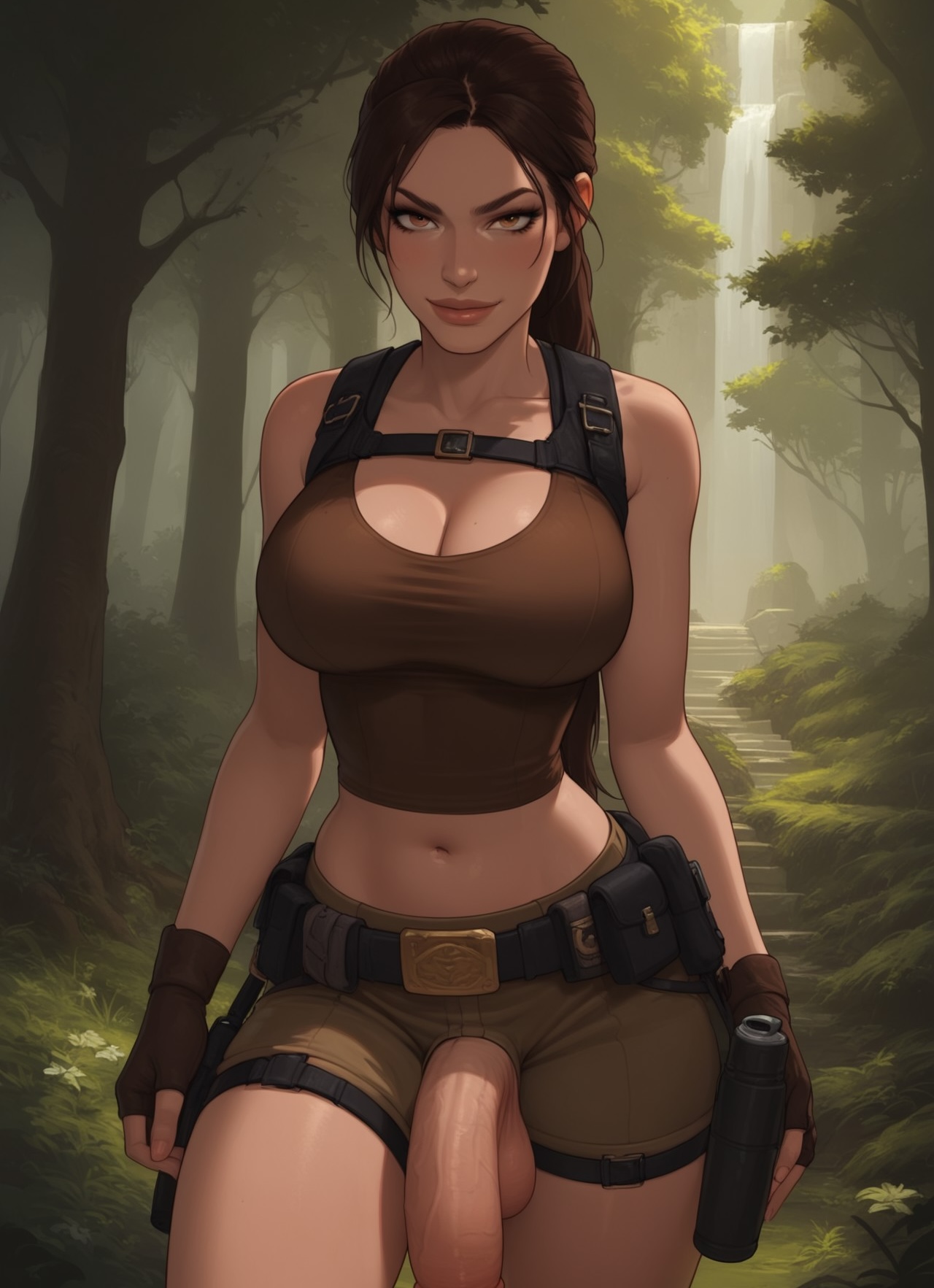 1futa, abs, ai generated, ass, big ass, big breasts, big butt, big hips, big penis, breasts, brown eyes, brown hair, cleavage, club shaped penis, cock keyhole clothing, dick, dickgirl, eyebrows, eyelashes, futa only, futanari, grin, grinning, grinning at viewer, gun, hair, hands-free, huge cock, indoors, intersex, jungle, lara croft, lara croft (classic), lips, long hair, looking at viewer, makeup, midriff, narrow waist, narrowed eyes, navel, nose, outside, penis, ponytail, seducing, seductive, seductive eyes, seductive gaze, seductive look, seductive mouth, seductive pose, seductive smile, shorts, smile, smile at viewer, smiley face, smooth balls, smooth penis, smooth skin, solo, solo dickgirl, solo focus, solo futa, solo futanari, tank top, testicles, thick lips, tomb raider, tomb raider (classic), velonix
