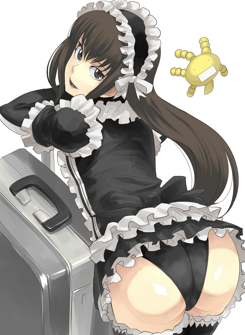 1boy androgynous ass bent_over black_legwear black_lipstick black_panties brown_eyes brown_hair bulge canon_crossdressing crossdressing femboy frills girly gothic_lolita headdress highres ippo lipstick lolita_fashion long_hair looking_back luggage maid_headdress makeup male_only moyashimon oryzae-tan panties pantyshot smile solo suitcase thighhighs trap underwear yuuki_kei