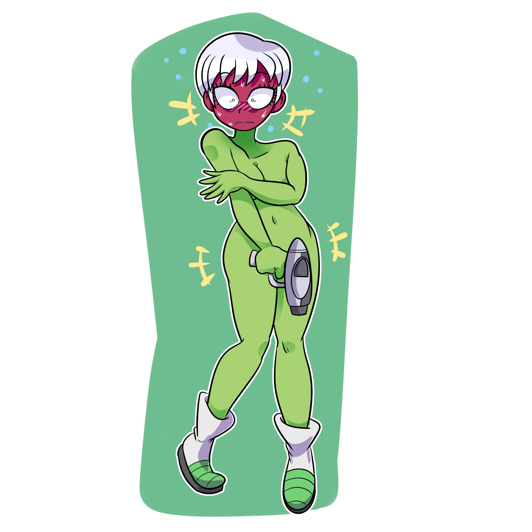 1girls, boots, breasts, cheelai, covering, covering breasts, covering crotch, covering self, dragon ball, dragon ball super, dragon ball super broly, embarrassed, embarrassed nude female, enf, female, female only, full body, full-face blush, green skin, monica moneybell, naked footwear, navel, nude, nude female, short hair, simple background, solo, solo female, sweat, sweating, tagme, thighs, white hair