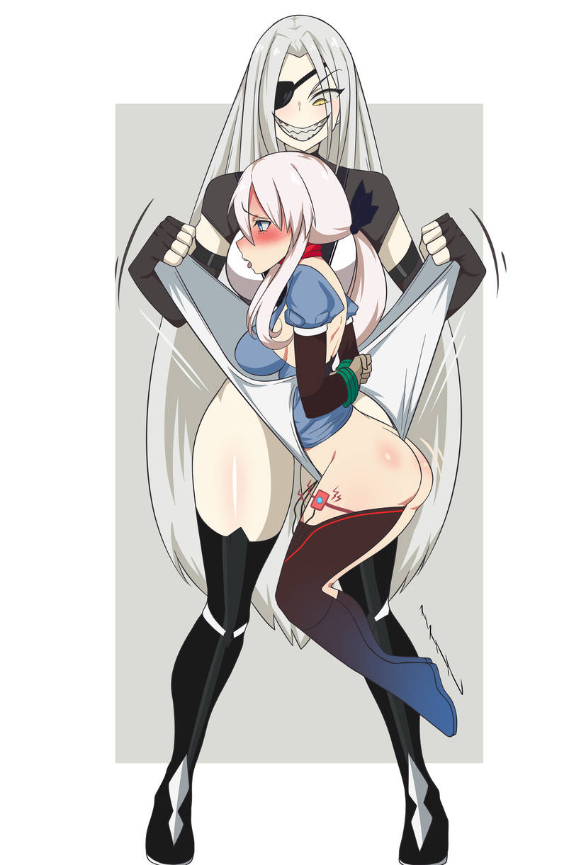 9a-91 (girls' frontline), alchemist (girls' frontline), ass, blue eyes, blush, bondage, breasts, bullying, embarrassed, eyepatch, femdom, femsub, frontal wedgie, girls' frontline, gray hair, open mouth, panty floss, panty pull, restrained, restrained arms, rirnn, rope, rope bondage, sangvis ferri, suspended in midair, tied arms, tied hands, tongue out, vibrator, vibrator in pussy, wedgie, wedgie fetish, wedgied female, white hair, yellow eyes