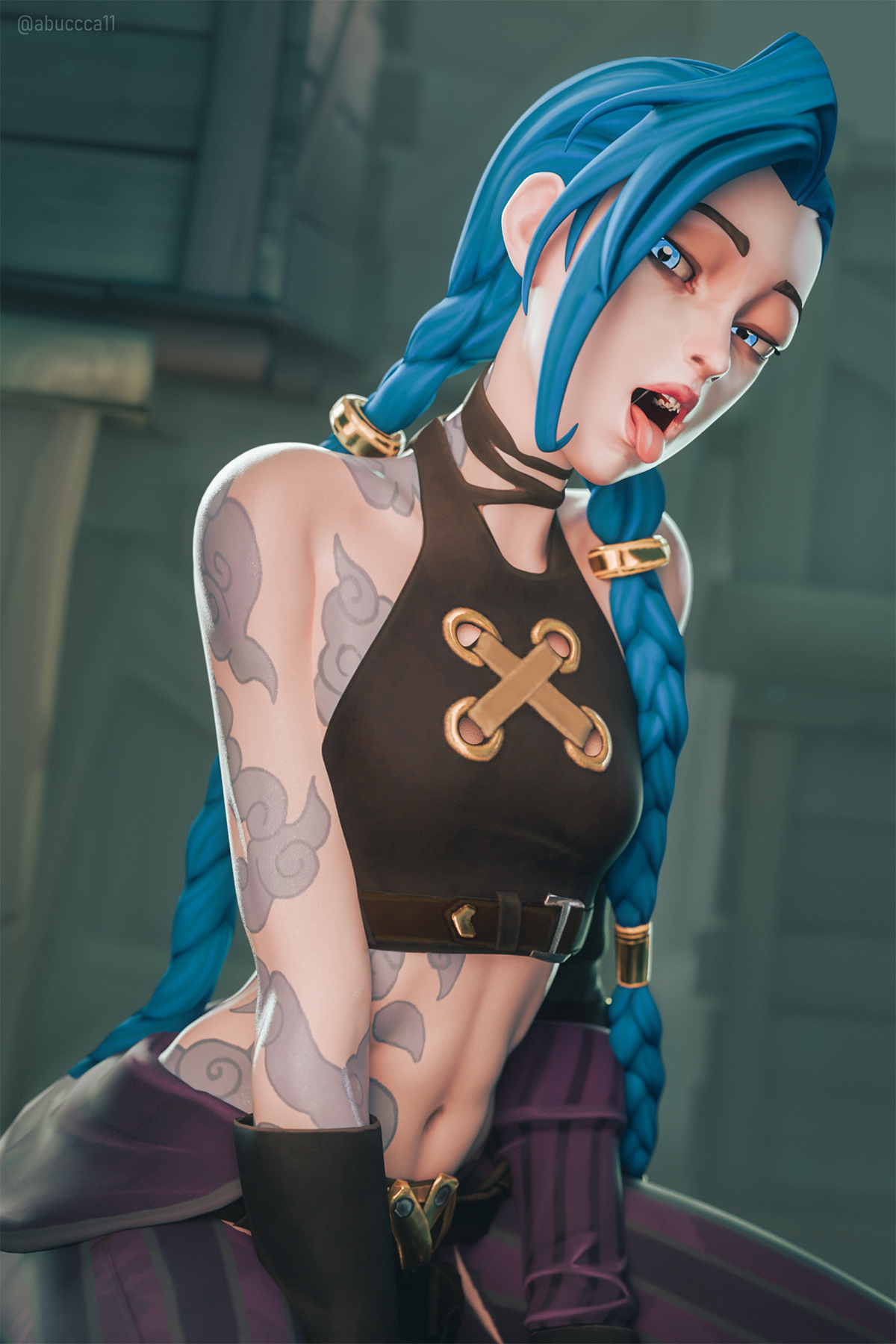 1girls, 3d, 3d (artwork), abuka11, belt, blue eyes, blue hair, crop top, gloves, head tilt, jinx (arcane), jinx (league of legends), league of legends, looking at viewer, navel, riot games, solo, tongue, tongue out