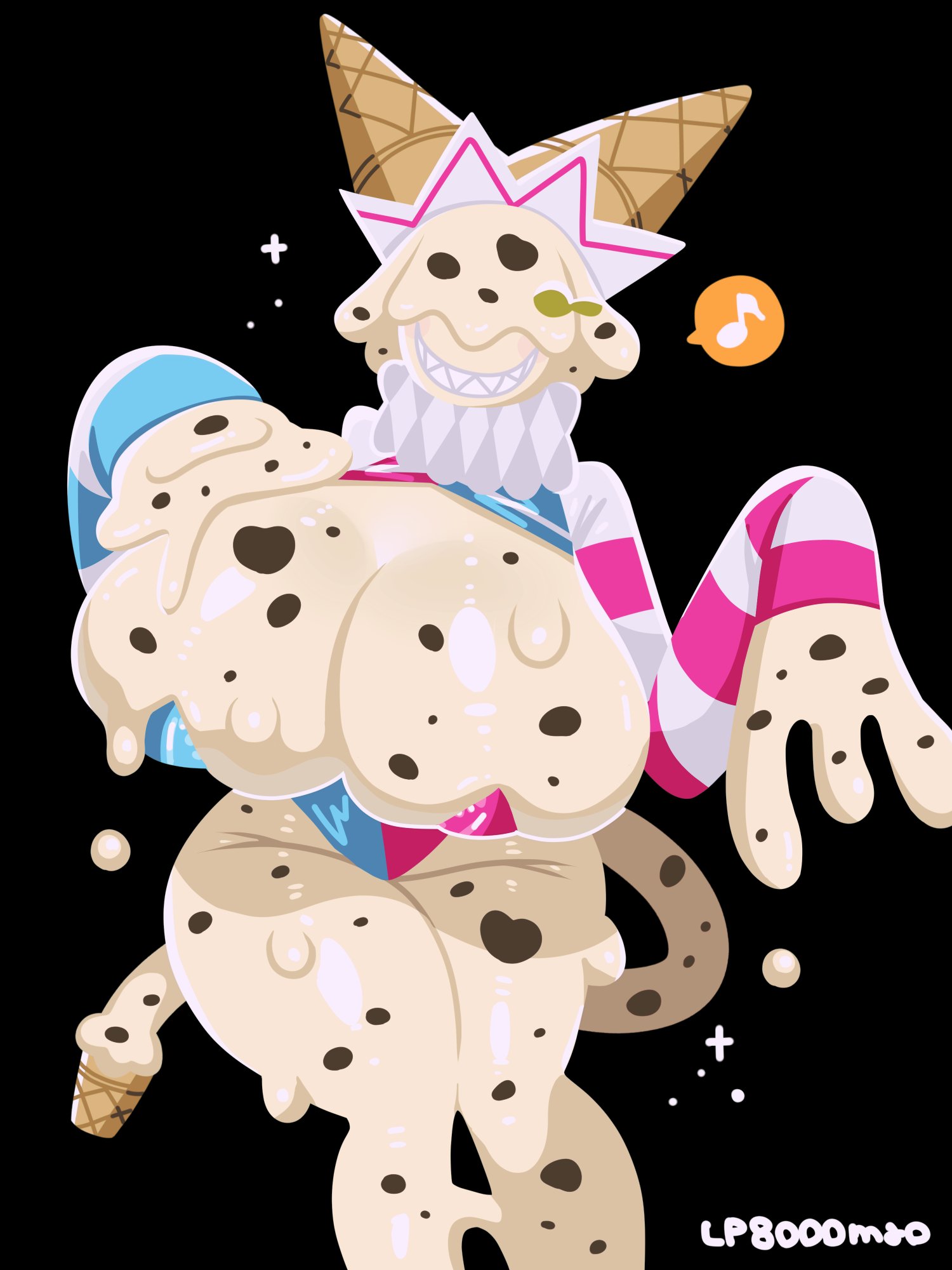 animate inanimate, covered eyes, food creature, gigantic breasts, hair over eyes, ice cream, ice cream girl, leotard, lp8000mao, monster girl, musical note, signature, solo, speech bubble
