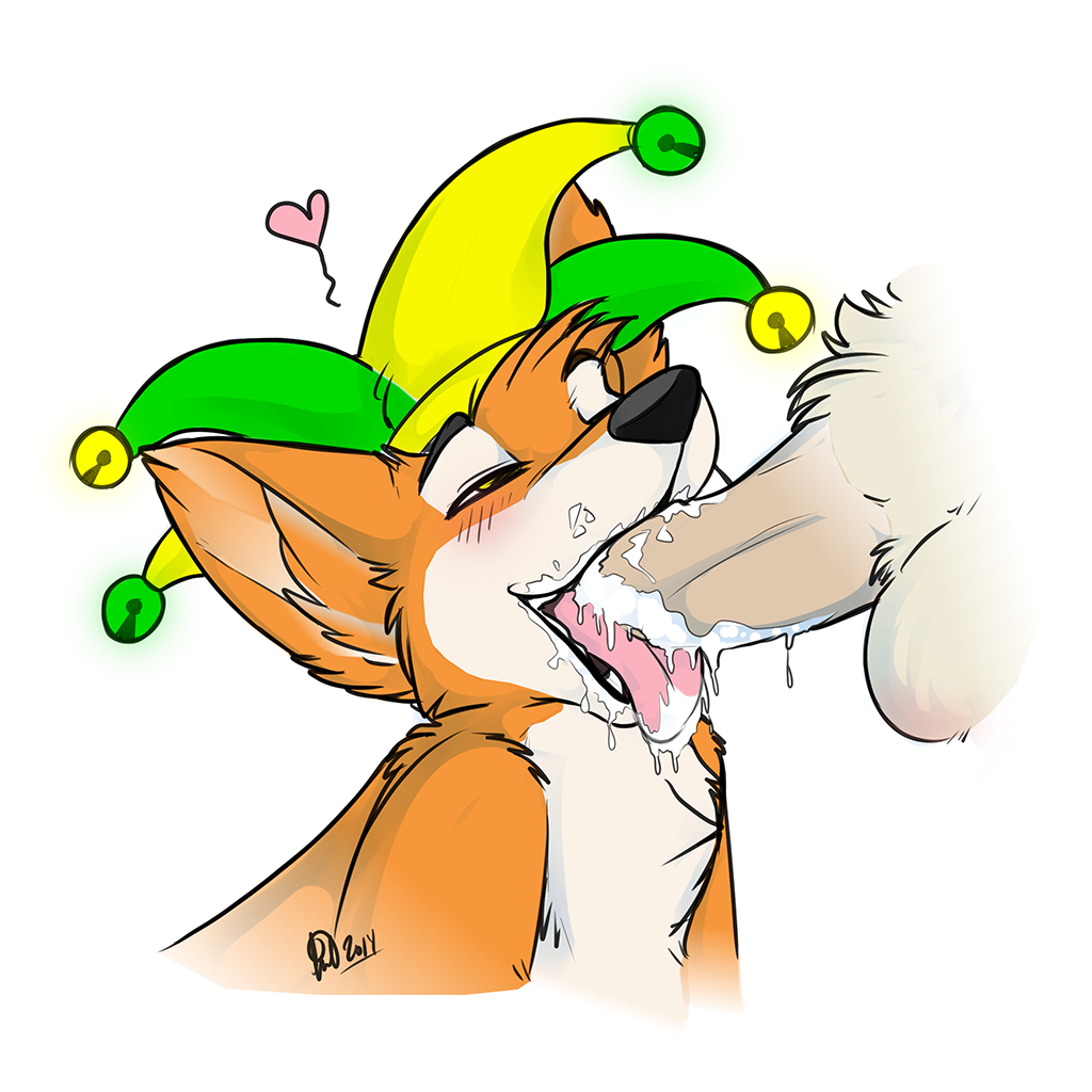 2015 anthro black_nose blush canine cum cum_in_mouth cum_inside cum_on_lips cum_on_tongue duo erection fellatio fox fur furry hat heart jester kwik male mammal multicolored_fur mystef open_mouth oral orange_fur penis revons sex simple_background solo_focus tongue tongue_out two_tone_fur white_background white_fur yaoi