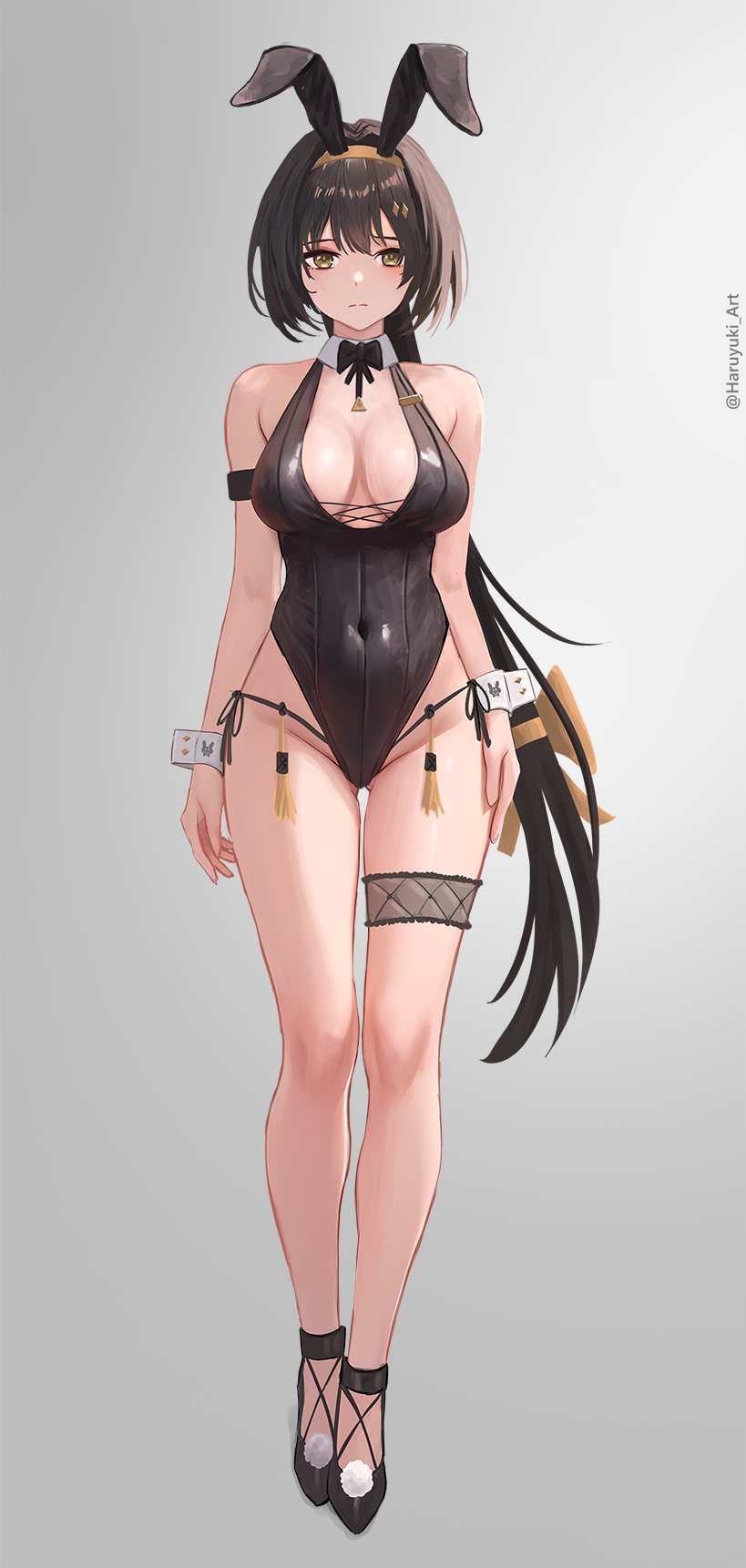 1girls, black bunnysuit, black hair, breasts, bunny ears, bunnysuit, exposed breasts, female rover (wuthering waves), long hair, ponytail, rover (wuthering waves), wuthering waves