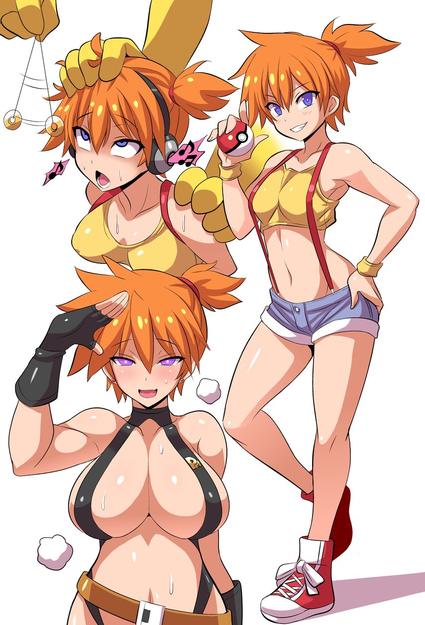 1girls, ahe gao, anime style, belt, big breasts, blush, breast expansion, breast growth, breast growth (enlargement), breasts, corruption, crop top, female, footwear, glowing eyes, handwear, headphones, human, hypno, hypnosis, impossible clothes, kasumi (pokemon), konno tohiro, looking at viewer, mind control, misty (pokemon), nintendo, pokemon, pokemon (anime), pokemon (classic anime), pokemon (species), pokephilia, short shorts, shorts, simple background, skimpy, suspenders, sweat, tomboy