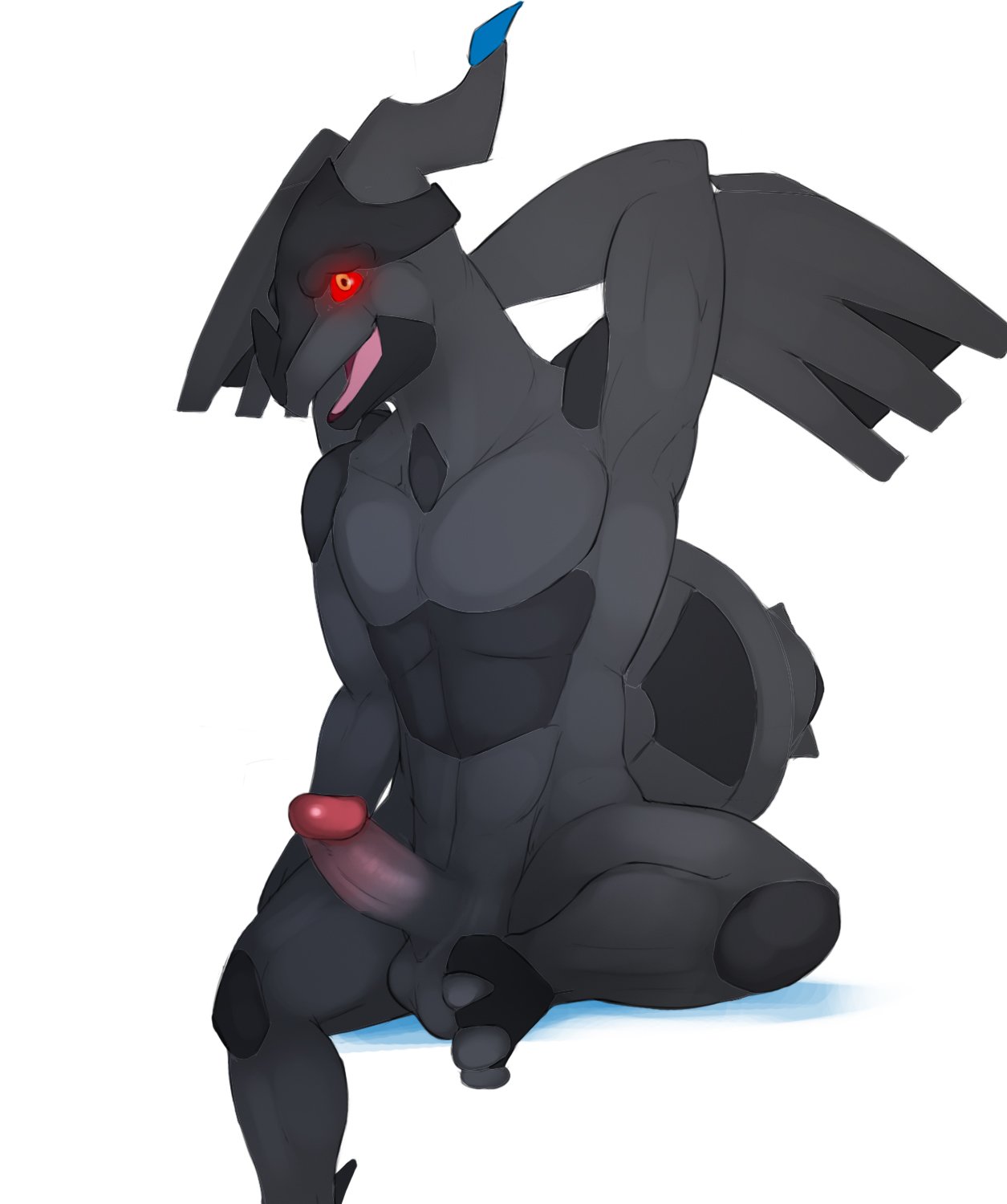 1boy anthro anthrofied athletic balls circumcised dragon erection glowing glowing_eyes hi_res humanoid_penis legendary_pokemon looking_at_viewer male male_only nintendo nude open_mouth penis pinup pokemon pose rubbing_head scalie seyrmo sitting smile solo video_games wings zekrom