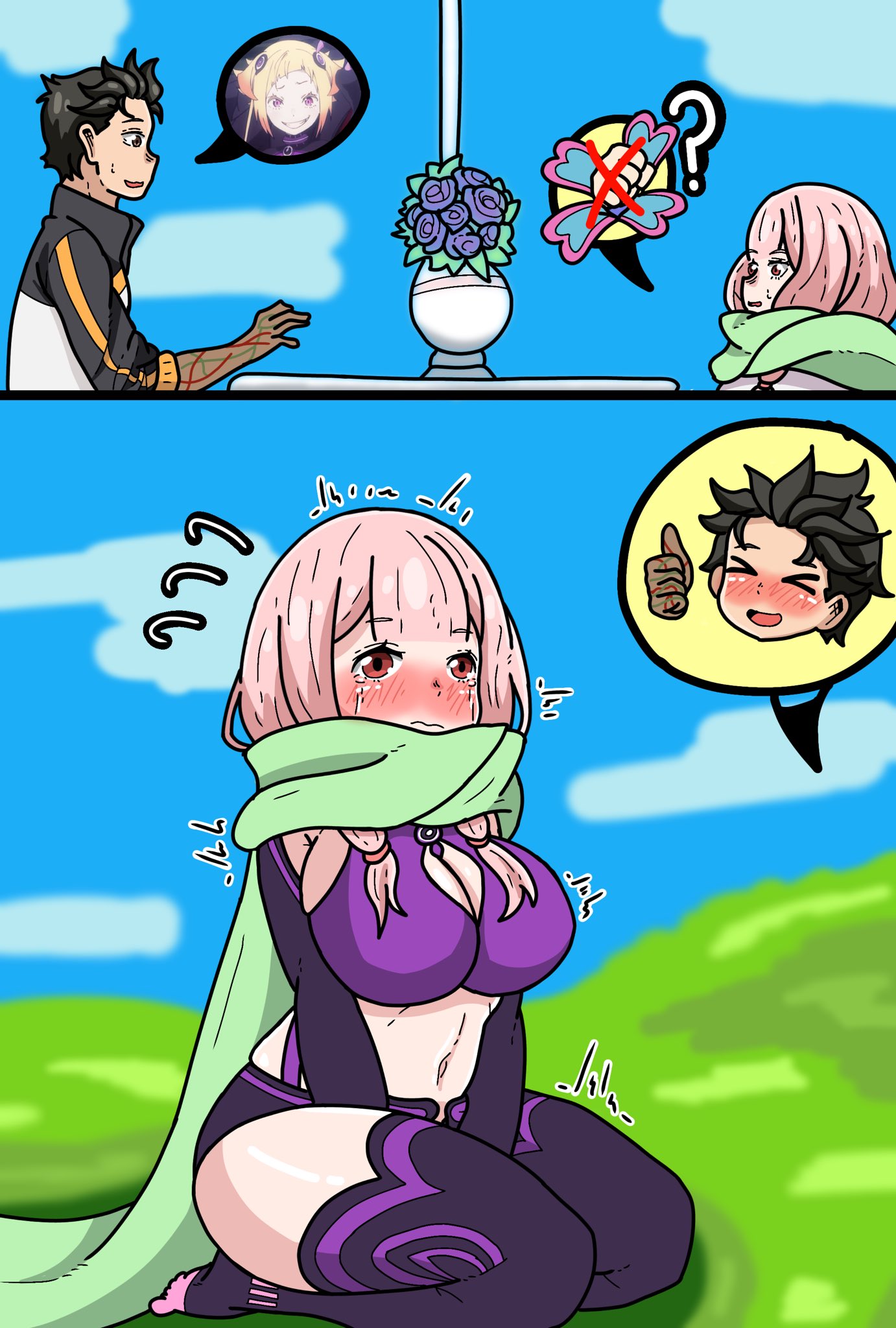 1boy, 1boy1girl, 1girls, apoelayoshi7, big breasts, black hair, breasts, brown eyes, capella emerada lugunica, carmilla (re:zero), female, lewd, male, natsuki subaru, pink eyes, pink hair, purple clothing, re:zero kara hajimeru isekai seikatsu, scarf, sexy clothing, shy, thick butt, thick thighs, thighhighs, thighs, tight clothing, tight fit, track jacket