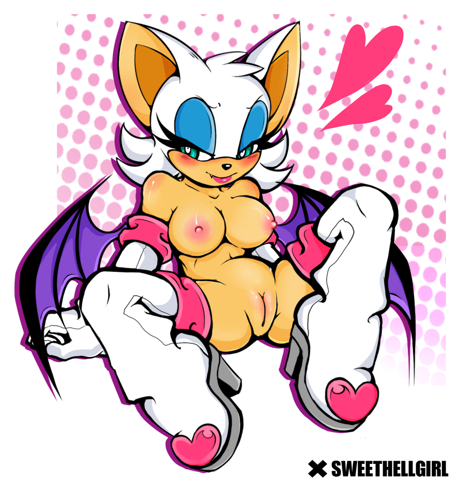 anthro bat big_breasts blush breasts female half-closed_eyes mammal nipples nude pussy rouge_the_bat smile solo sonic_(series) sweethellgirl uncensored video_games wings