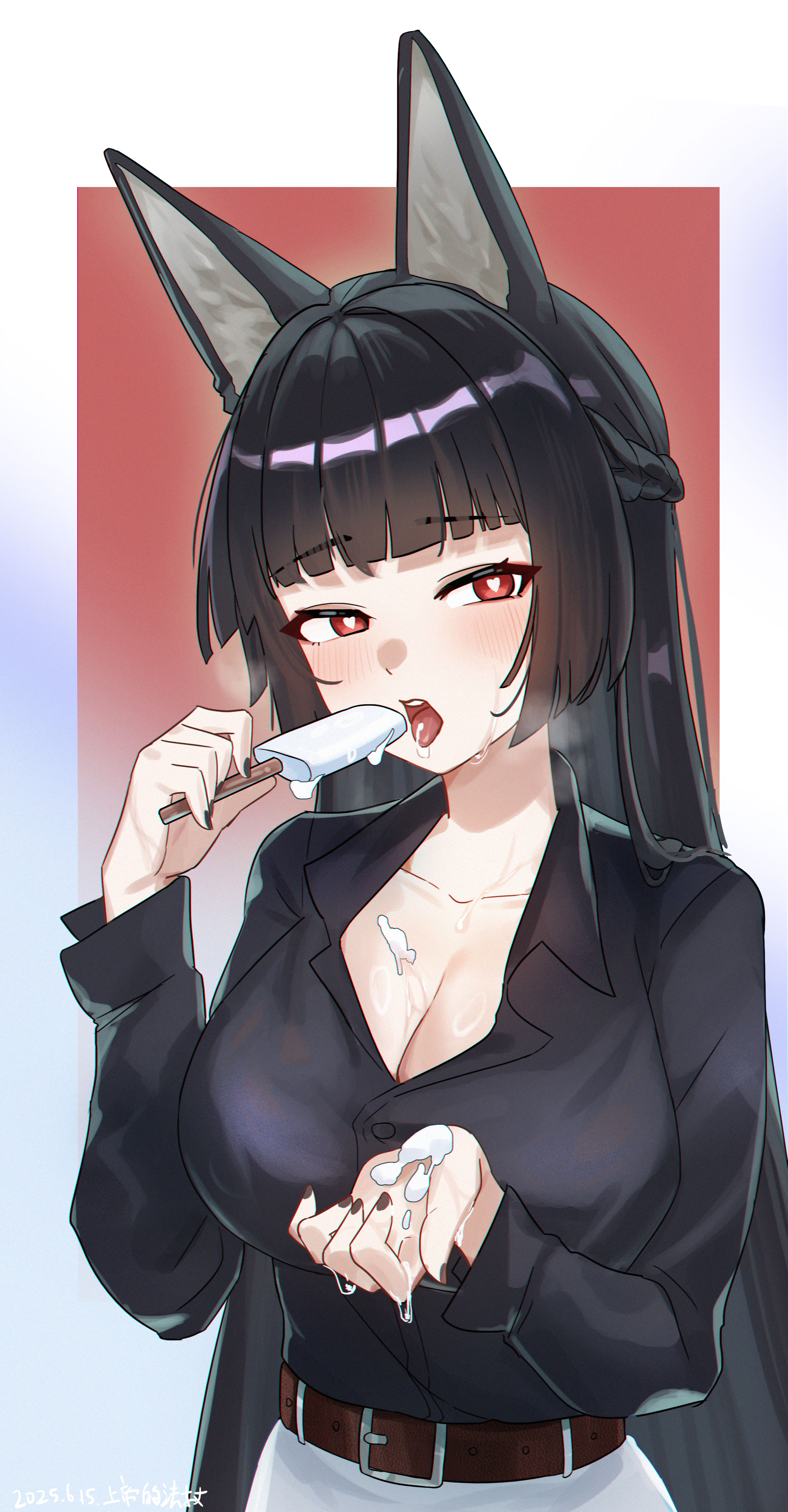 absurdres, alternate costume, animal ears, artist name, belt, black nails, black shirt, blunt bangs, border, braid, breasts, bright pupils, brown belt, casual, chinese commentary, cleavage, collarbone, collared shirt, commentary request, cowboy shot, dated, dress shirt, female, film grain, food, fox ears, fox girl, hair over shoulder, half up braid, hands up, heart, heart-shaped pupils, highres, hime cut, holding, holding food, holding popsicle, hoshimi miyabi, large breasts, long hair, looking at viewer, melting popsicle, nail polish, open mouth, outside border, popsicle, red background, red eyes, sexually suggestive, shangdi de fa zhang, shirt, sidelocks, simple background, solo, straight hair, suggestive fluid, sweat, symbol-shaped pupils, teeth, tongue, tongue out, tsurime, upper teeth only, very long hair, white border, white pupils, zenless zone zero