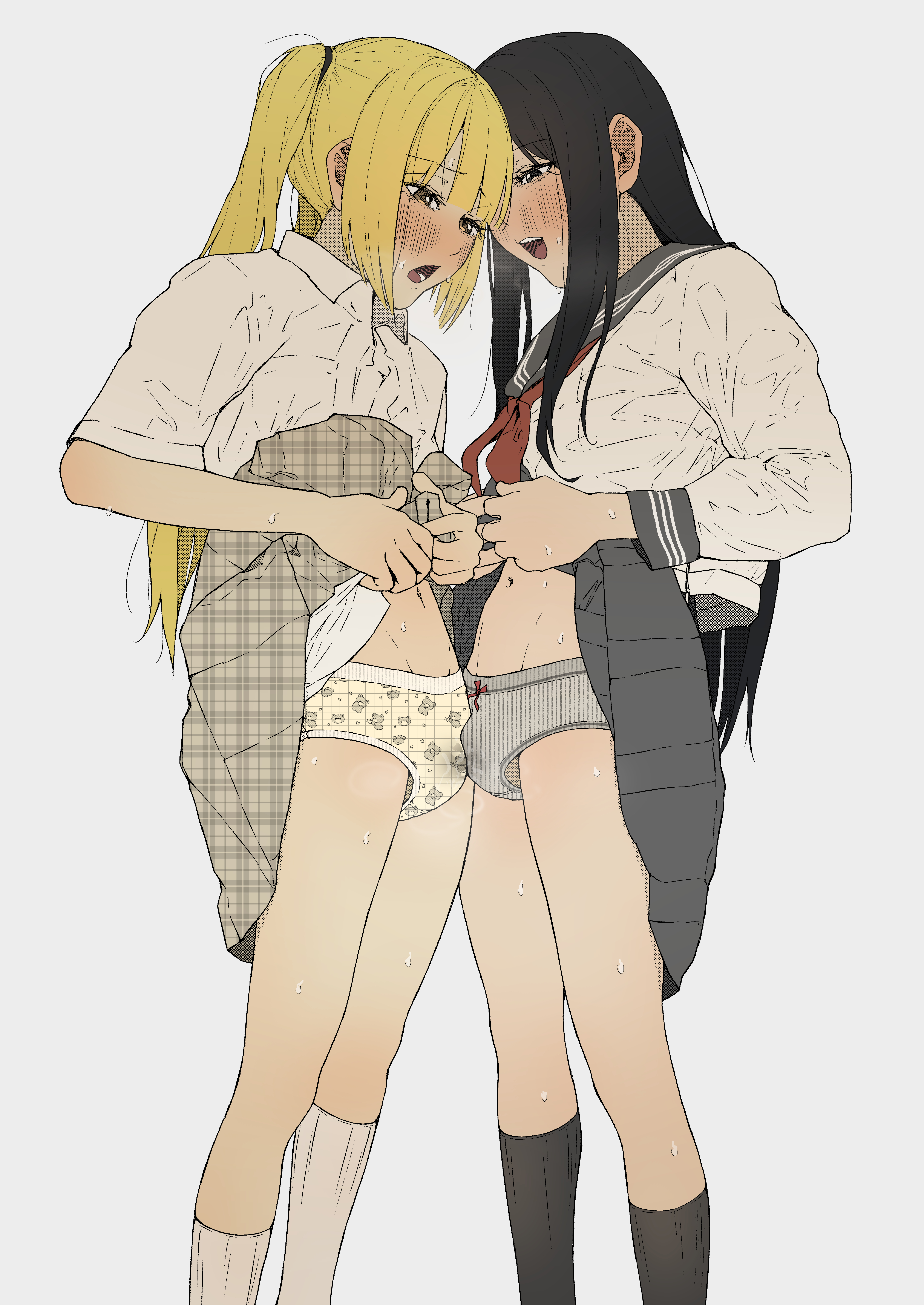 2boys, akaihoppe, black hair, blonde hair, blush, bulge, crossdressing, femboy, frottage, lifting skirt, long hair, long socks, male, male only, otoko no ko, panties, precum, precum stain, precum through clothing, rubbing penis through clothes, school uniform, slender body, stained panties, steamy breath, sweat, sweaty body, trap, underwear