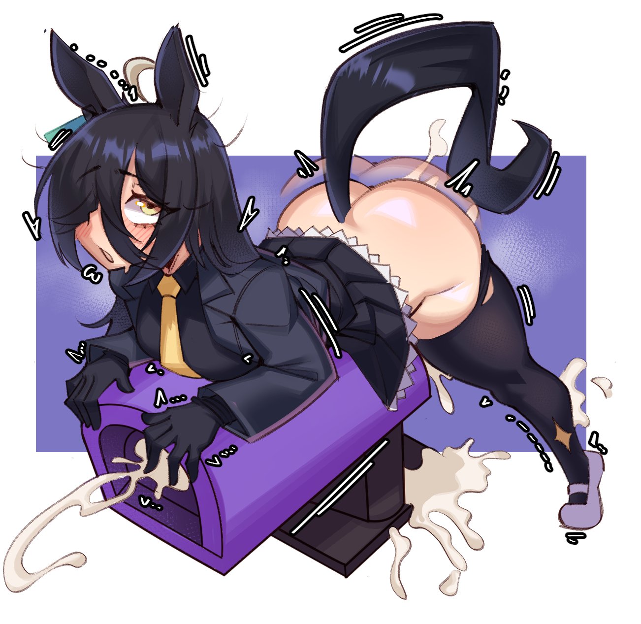 1futa, 2025, 2d, 2d (artwork), 2d artwork, animal ears, animal humanoid, animal tail, ass, big ass, big butt, big thighs, black hair, bottomless, bottomless futa, breasts, breeding mount, breeding mount use, bubble ass, bubble butt, clothed, clothing, cock, commission, cum, cum drip, cum dripping, cum in sex toy, cum in toy, cum inside, cum pool, cum puddle, cumming, curvaceous, curvaceous figure, curvy, curvy body, curvy figure, curvy hips, dick, dripping, dripping cum, ejaculation, equid, equine, equine penis, fleshlight, full body, futa only, futanari, genital fluids, genitals, gloves, hair over one eye, hi res, highres, horse, horse ears, horse girl, horse tail, horsecock, intersex, intersex only, large thighs, light skin, light-skinned futa, long hair, manhattan cafe (umamusume), masturbation, medium breasts, miniskirt, mostly clothed, motion blur, motion lines, onahole, orgasm, penis, penis out, round ass, round butt, sex toy, shiny, shiny skin, skirt, smooth skin, solo, solo futa, soora draws (artist), straight hair, suit, suit and tie, tail, thick, thick ass, thick hips, thick legs, thick thighs, thigh highs, thighhighs, thighs, trembling, umamusume, umamusume pretty derby, wide hips, yellow eyes