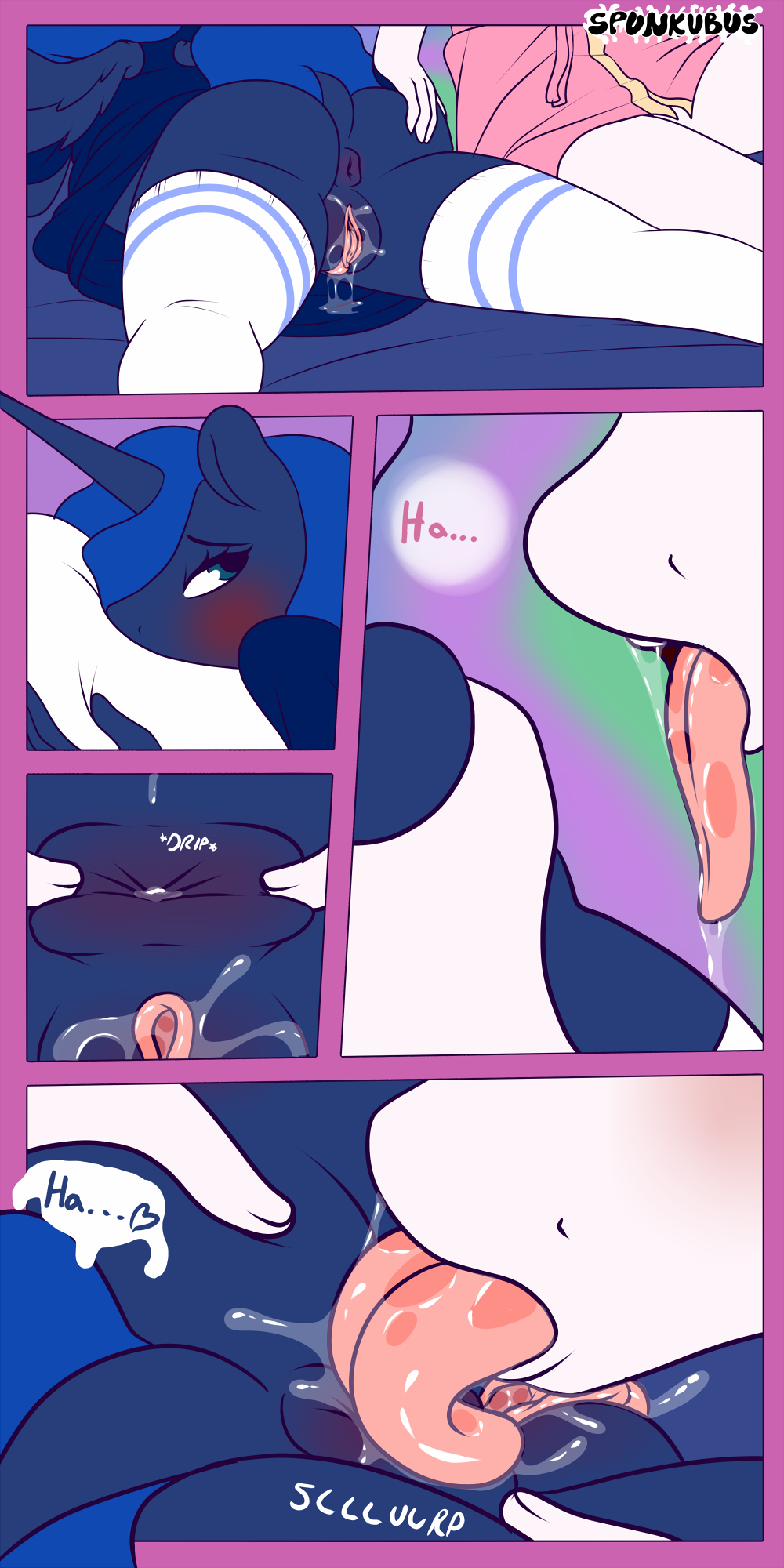 anal anus ass bed clothing comic dialogue english_text friendship_is_magic furry legwear my_little_pony oral pillow princess_celestia_(mlp) princess_luna_(mlp) pussy_juice rimming robe saliva sex spreading spunkubus stockings text tongue tongue_out