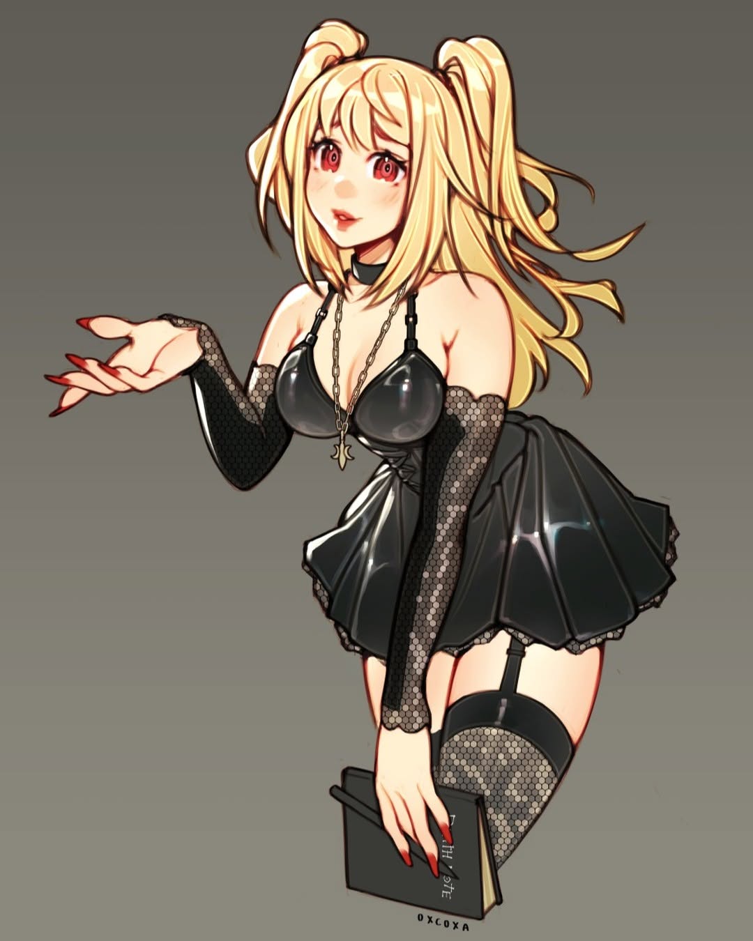 black clothing, blonde hair, death note, dress, female, misa amane, oxcoxa, pigtails, red nails, solo