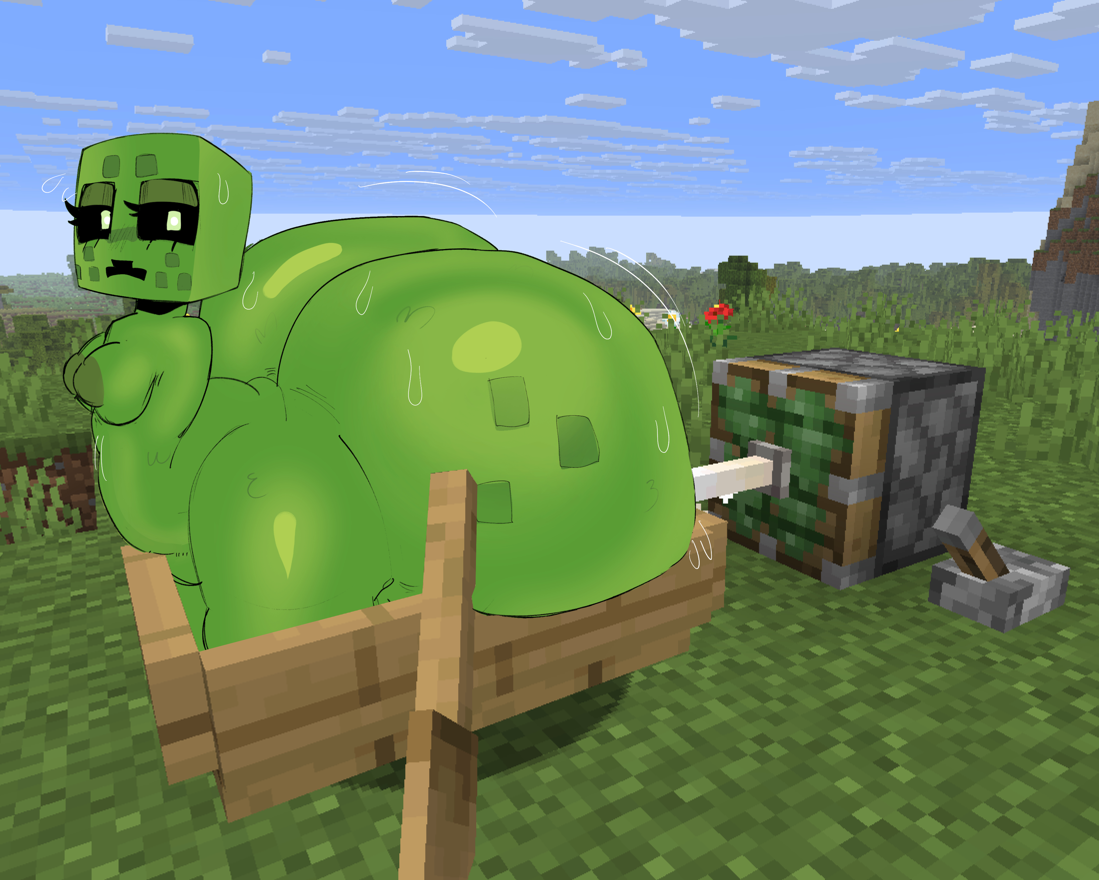 1girls, 2025, ass, big ass, bottom heavy, breasts, bubble butt, creeper, creeper (minecraft), creeper girl, end rod, female, female only, gigantic ass, huge ass, jiggling ass, kopokofiart, masturbation, minecraft, minecraft background, minecraft sheep fucker machine, outdoors, piston (minecraft), sex machine, shiny skin, solo, solo female, stuck, thick thighs, thighs