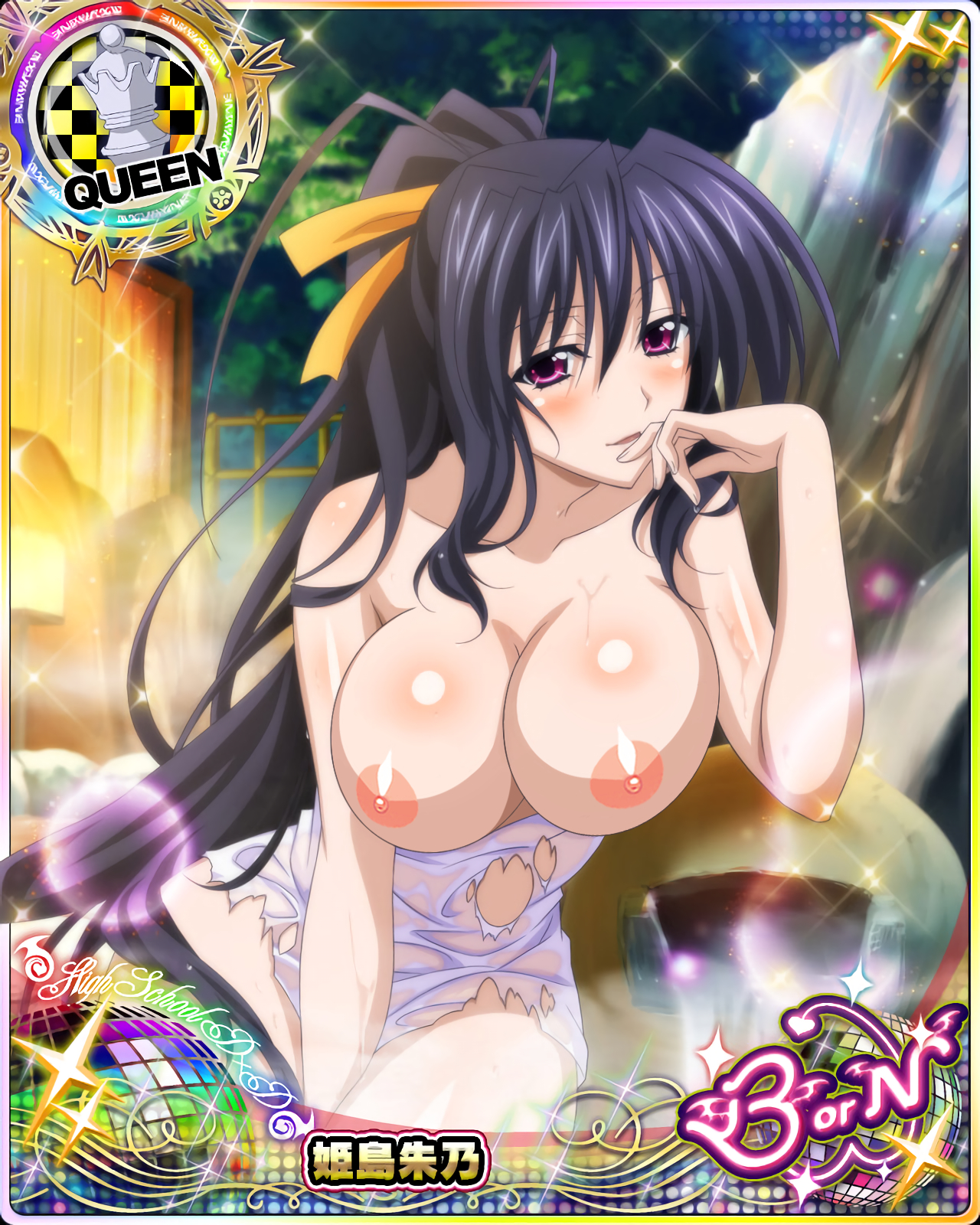 1girls, akeno himejima, black hair, breasts, breasts out, card (medium), cartoony, female, female only, high school dxd, large breasts, magenta eyes, photoshop, solo