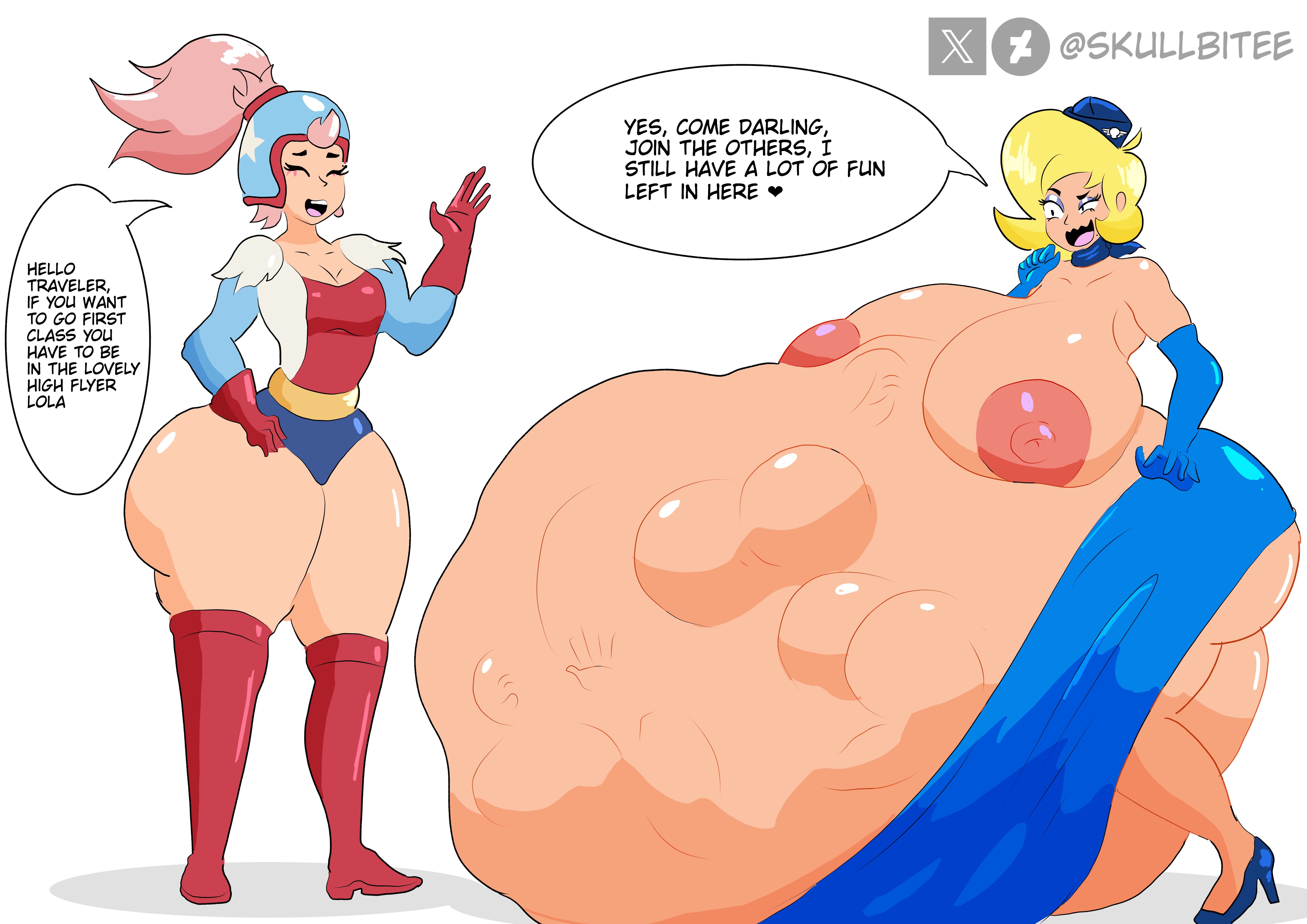 advertisement, aged up, ass, belly, blonde hair, brawl stars, fat ass, flight attendant, high flyer lola (brawl stars), high heels, hyper, hyper belly, hyper breasts, hyper thighs, janet (brawl stars), lola (brawl stars), prey outline, skullbitee, struggling prey, vore, vore belly, wide hips