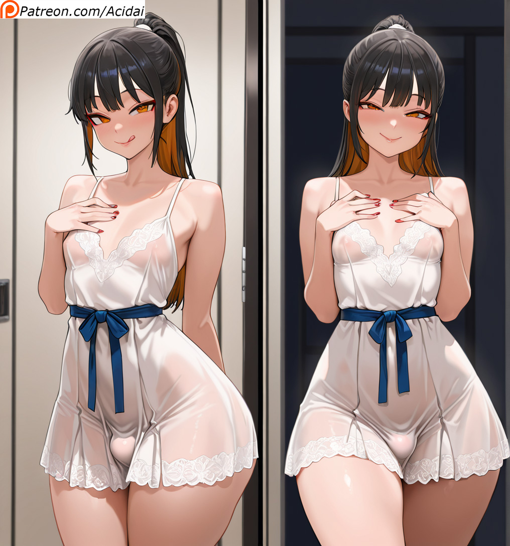 acidai, ai generated, black hair, blush, bulge, bulge through clothing, femboy, gay, grabbing, huge ass, nipples, ponytail, see through, thick thighs, tongue, wide hips