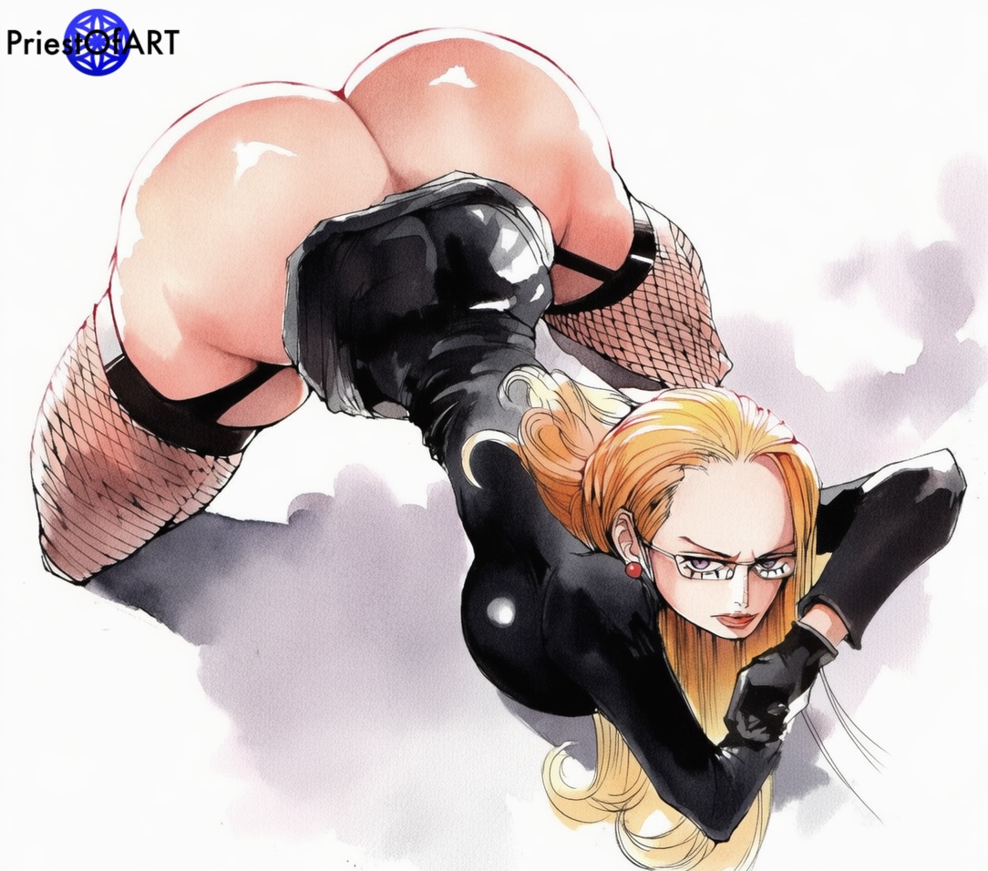 1girls, ai generated, blonde hair, blonde-haired female, dress, face down ass up, female, female only, fishnet stockings, fishnets, from above, garter straps, glasses, gloves, huge ass, huge butt, kalifa, kalifa (one piece), one piece, priestofart, shiny, simple background, solo, solo female, spread legs, thick thighs, watercolor, watercolor (artwork), watermark, white background