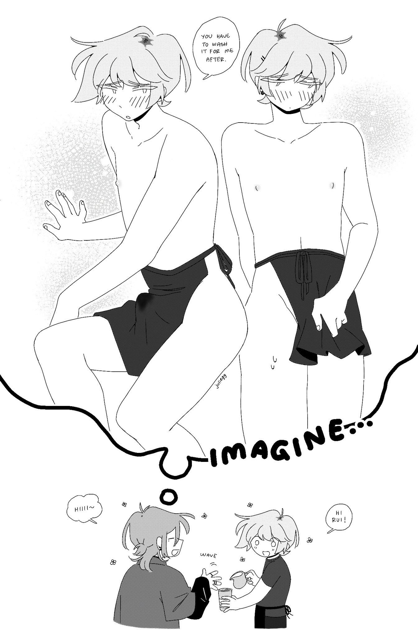 2boys, ahoge, apron, apron only, artist name, barista, blonde hair, blush, brown hair, chibi, closed eyes, covering crotch, dialogue, dyed hair, ear piercing, earrings, embarrassed, english text, erection, erection under clothes, eyebrows visible through hair, full-face blush, fully clothed, functionally nude, greyscale, half-closed eyes, imagining, juliegg, kouta (juliegg), long hair, looking at partner, looking away, male nipples, monochrome, original, precum, precum through clothing, presenting, ring, romantic, romantic couple, rui (juliegg), screentone, smile, speech bubble, standing, sweatdrop, thought bubble, watermark, white background, wholesome, yaoi