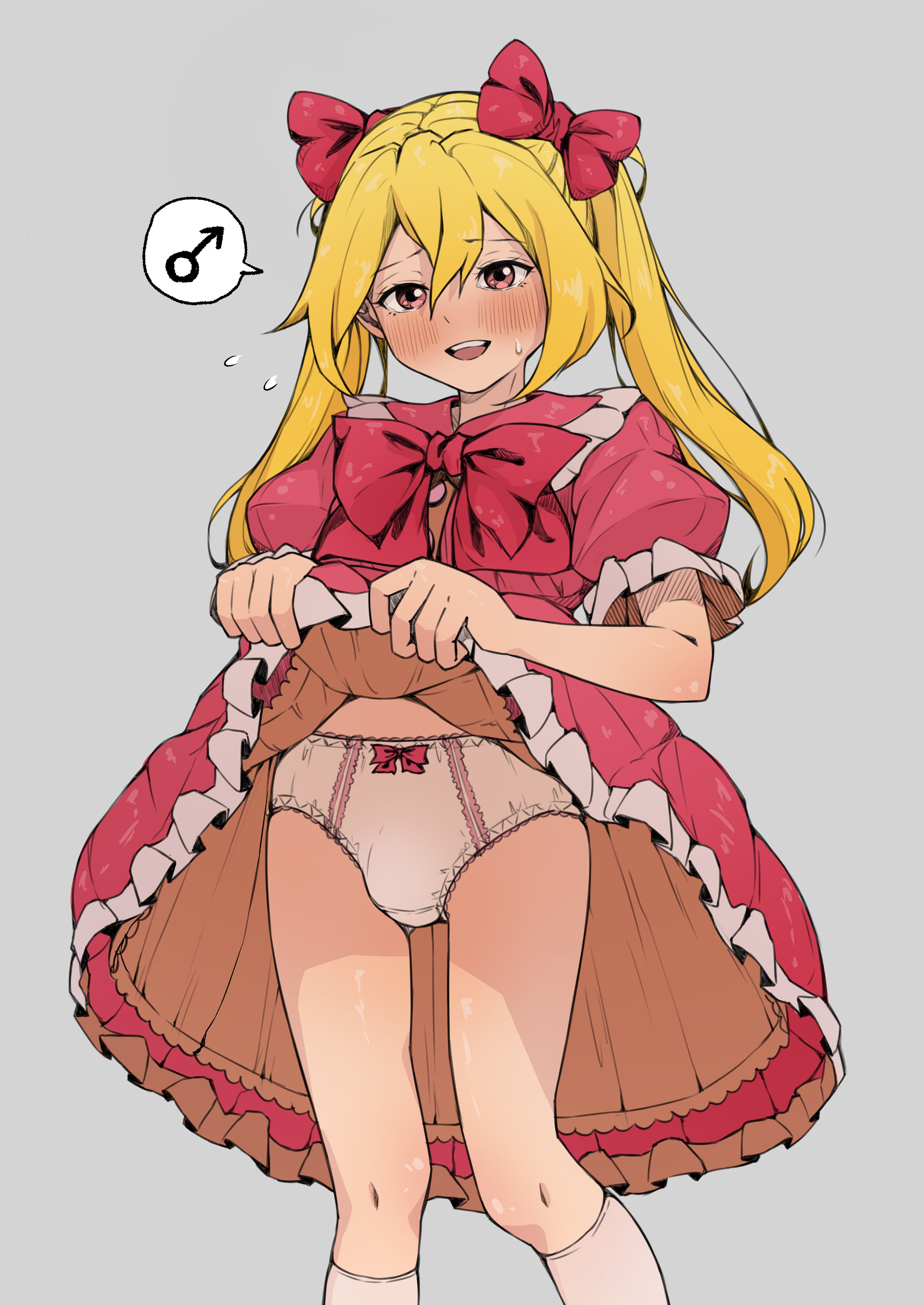 1boy, akaihoppe, blonde hair, blush, bow, bow panties, bulge, crossdressing, dress, frilly clothing, hair ribbon, lifting skirt, looking at viewer, male, male symbol, panties, pink dress, presenting, showing off, solo, trap, twintails, underwear