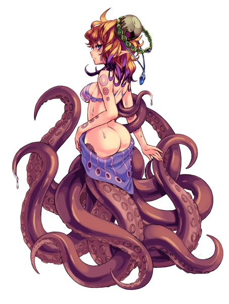 ass blue_eyes blush bra breasts butt kenkou_cross monster_girl monster_girl_encyclopedia official_art orange_hair pointy_ears scylla scylla_(monster_girl_encyclopedia) tattoo tentacle towel