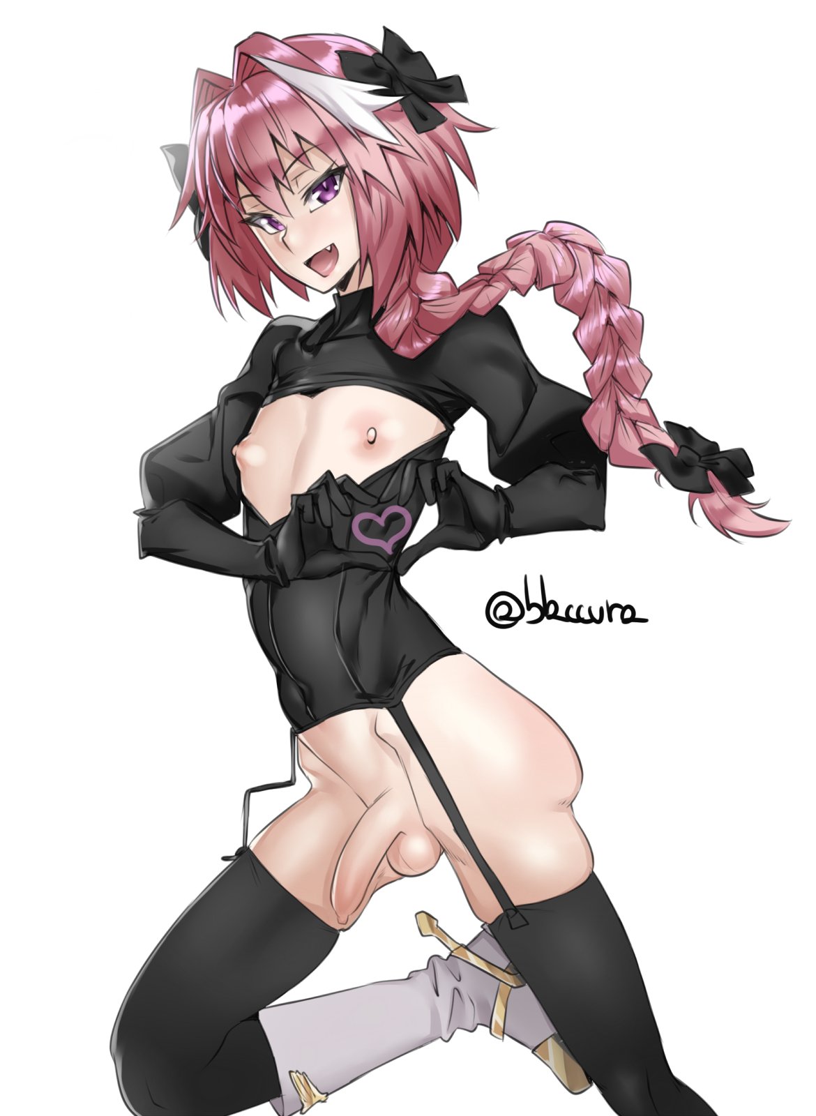 1boy, androgynous, areola, astolfo (fate), balls, braid, burakku-ra, fate (series), fate/grand order, femboy, garter straps, girly, male, male only, nipples, penis, pink hair, solo, standing, testicles, tied hair, trap, uncensored