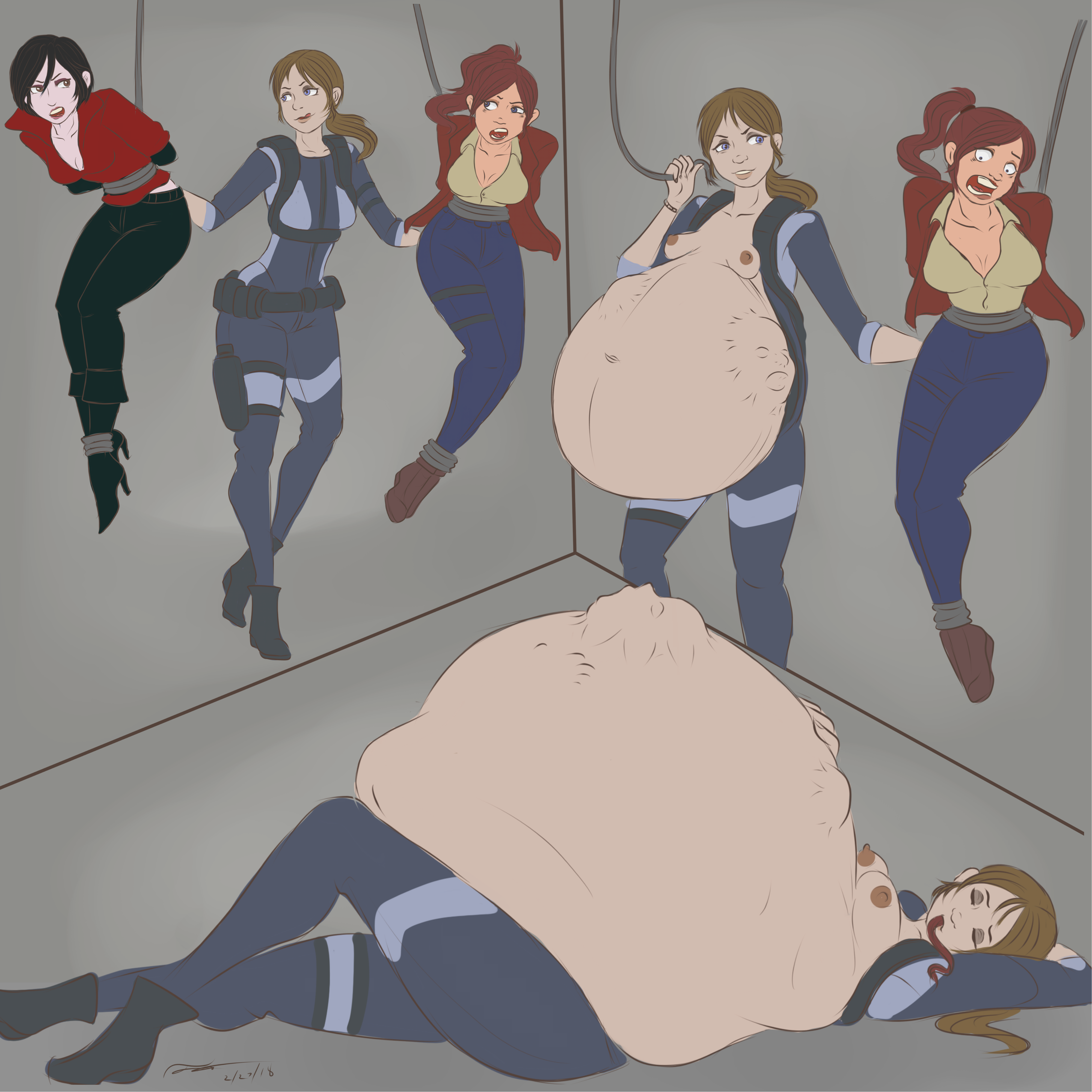 3girls, ada wong, asian, asian female, belly, big belly, claire redfield, dinoboid, female, jill valentine, multiple females, multiple girls, resident evil, stomach bulge, tagme, vore, vore belly