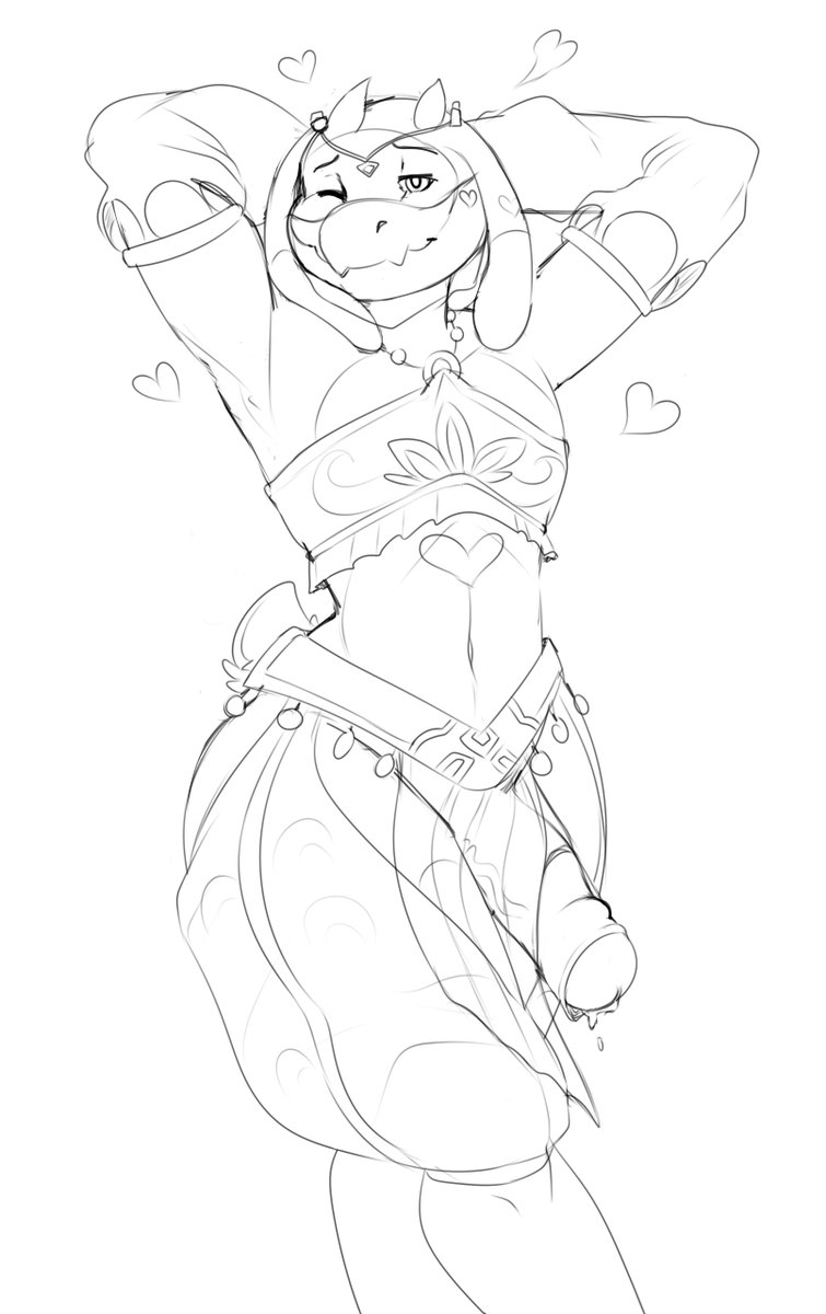 1boy anthro armpits athletic balls belly_dancer breath_of_the_wild caprine dancing dripping erection fan_character gerudo_sirwal gerudo_top gerudo_veil goat half-erect harem_pants heart humanoid_penis line_art looking_at_viewer male male_only mammal midriff navel nintendo one_eye_closed partially_retracted_foreskin penis precum raised_arm solo standing tacoyaki the_legend_of_zelda uncut vein veiny_penis video_games wink