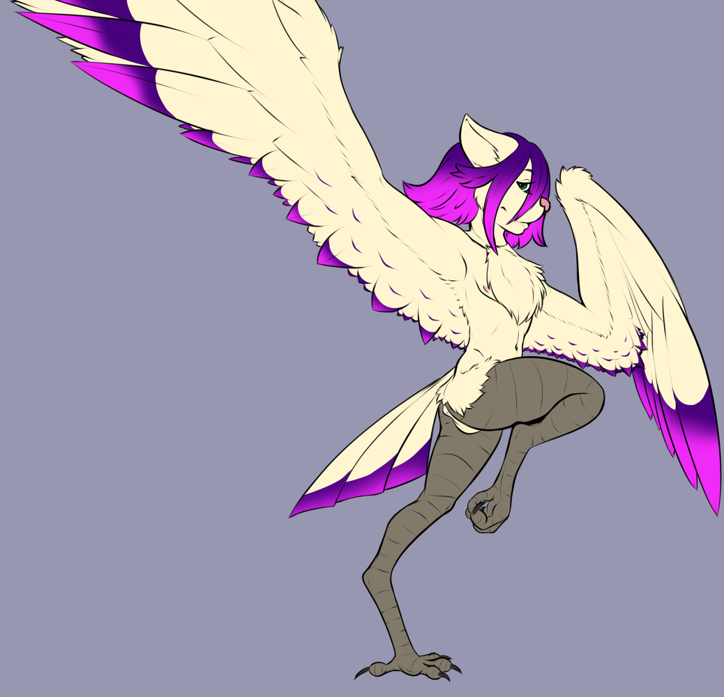 2017 action_pose anthro anus armpits ass avian balls bird feathered_wings feathers feline fur gdhusali hair harpy ivory-raven leaping looking_at_viewer male mammal nipples nude simple_background smile solo standing talons wings