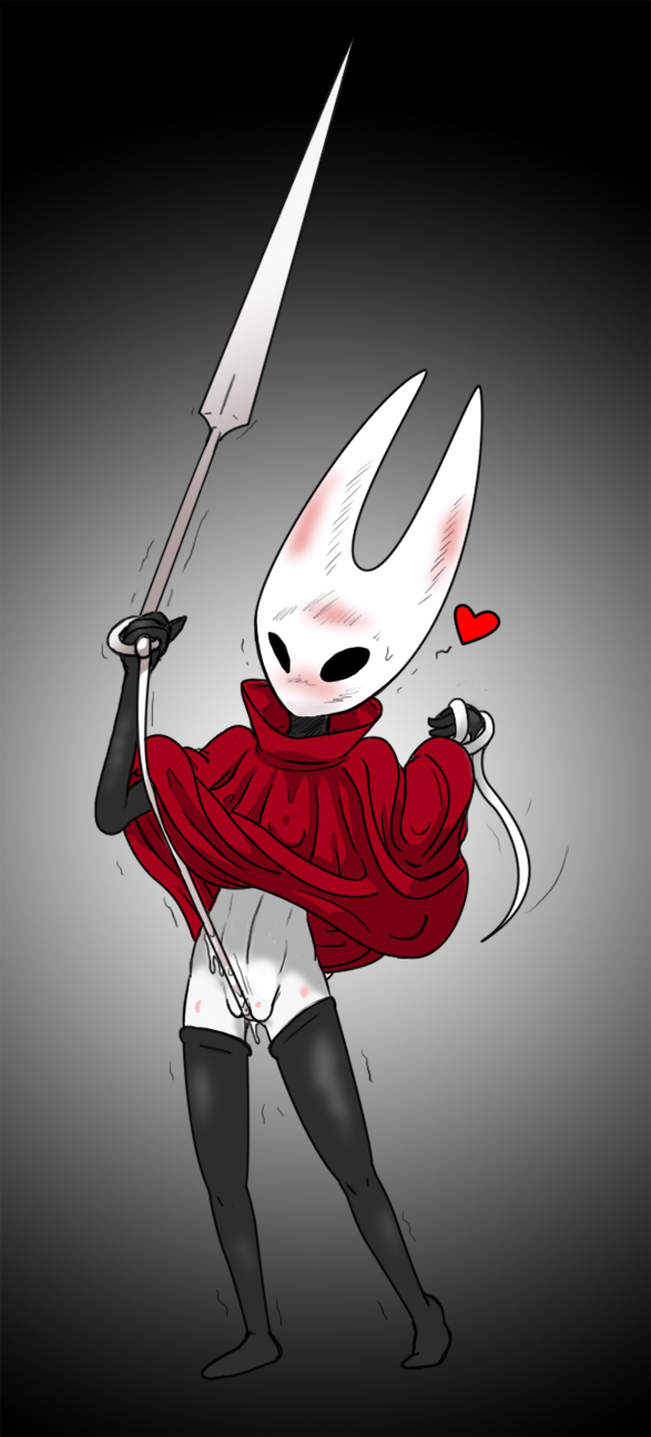 2017 4_fingers arm_warmers cape cloak clothing empty_eyes female gradient_background heart hi_res hollow_knight hornet_(hollow_knight) jim_sugomi legwear masturbation midriff pussy pussy_floss red_cape robe simple_background solo stockings straight_hair team_cherry weapon white_skin