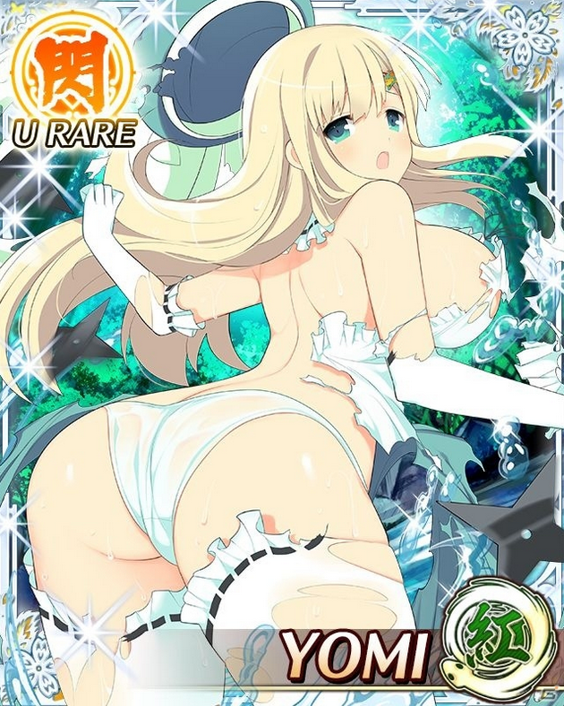 aqua eyes, ass, blonde hair, blush, bra, breasts, card (medium), elbow gloves, female, hair ornament, hat, long hair, open mouth, panties, senran kagura, yaegashi nan, yomi (senran kagura)