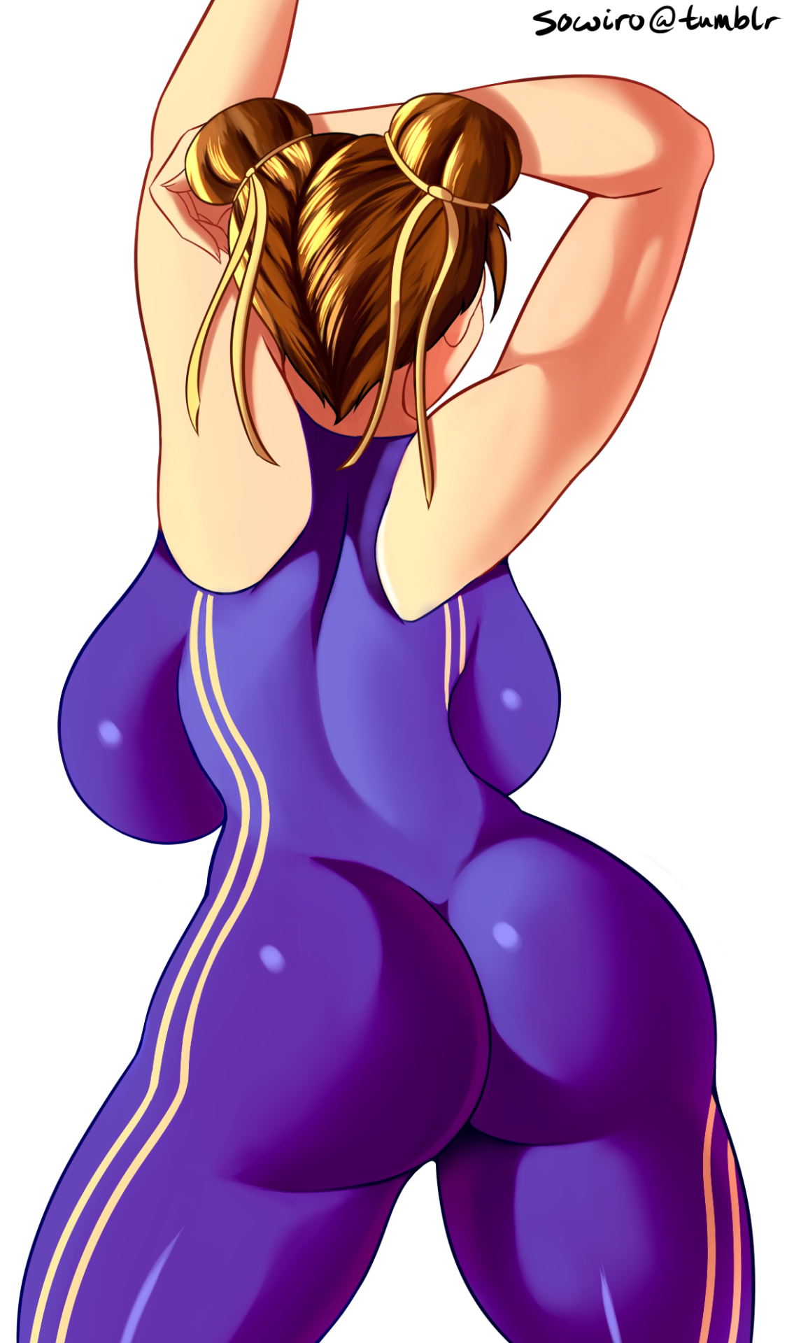 1girls, ass, backboob, bodysuit, breasts, brown hair, bubble ass, capcom, chun-li, curvy, female, hair bun, huge breasts, ribbon, short hair, simple background, skin tight, solo, sowilo, street fighter, thick thighs, white background