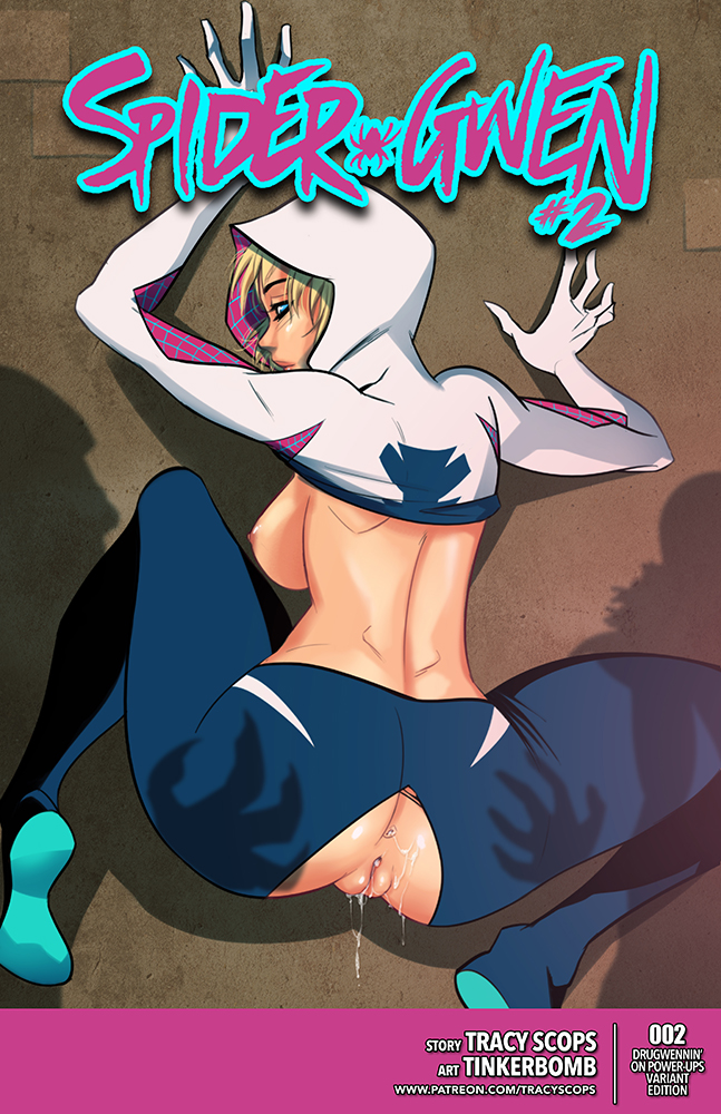 1girls, ass, blonde hair, blue eyes, breasts, comic, cover, english text, female, female only, gwen stacy, hips, large breasts, legs, legwear, marvel, marvel comics, nipples, pants, pussy, pussy juice, shoes, short hair, sideboob, solo, spider-gwen, spider-man (series), spread legs, tagme, text, thighs, tight pants, tinkerbomb, torn clothes, vagina