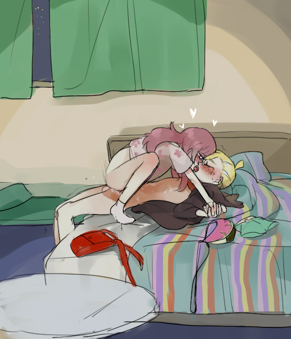 1boy, 1girls, alternate hairstyle, bag, bed, bed sheet, bedroom, blonde hair, blush, bottomless, brown hair, closed eyes, clothed sex, cowgirl position, curtain, female, french kiss, gladion (pokemon), grey eyes, half-closed eyes, heart, heart-shaped pupils, holding hands, hoodie, human, human only, indoors, interlocked fingers, kissing, kissing while penetrated, long hair, lying, male, night, nintendo, on back, on bed, on top, open clothes, original character, pillow, pink hair, pokemon, pokemon sm, pussy, selene (pokemon), sex, shirt, short hair, shorts, shorts removed, sock, straight, trembling, vaginal penetration, window