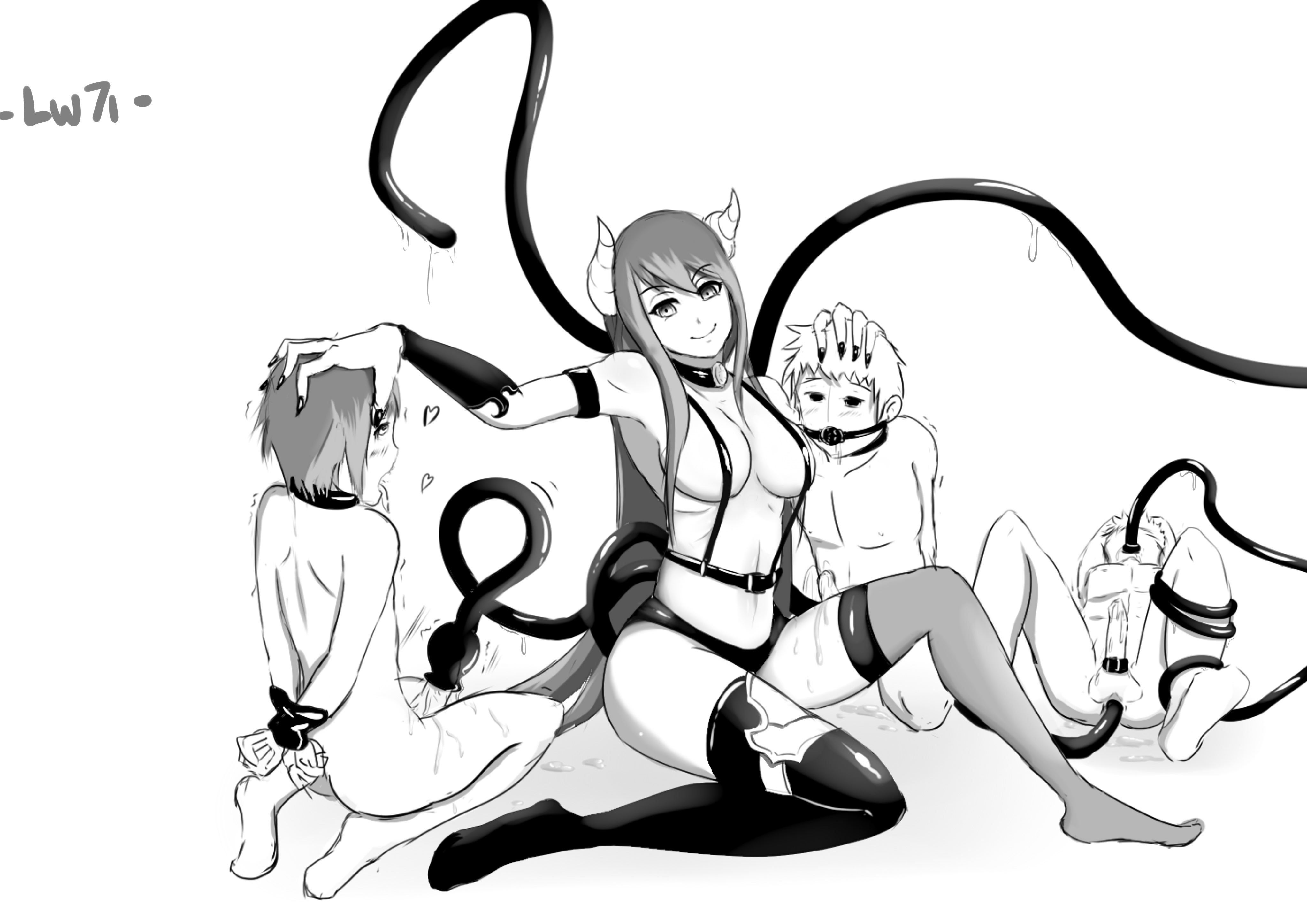 1girls, 3boys, anal, anal insertion, armpits, arms behind back, ball gag, bare arms, bare back, bare breasts, bare shoulders, bare thighs, bigger female, boy rape, breasts, completely naked, completely nude, cum, demon, eyebrows visible through hair, female, female penetrating, female penetrating male, female rapist, femdom, gay, gay male, gay sex, holding head, homosexual, homosexual female, homosexual male, homosexual sex, horn, human, human male, humansub, legwear, lesbian, lesbian sex, long hair, lw71, male, male penetrated, male rape victim, male/female, malesub, mouth gag, naked, naked male, nude, nude male, open mouth, original, penis, penis milking, penis milking tentacle, rape, sharp fingernails, simple background, smaller male, straight, succubus, succubus horns, succubus tail, tailjob, tentacle, tentacle in anus, tentacle rape, tentacles on male, thick thighs, thighjob, thighs, tied arms, tongue, tongue out, white background