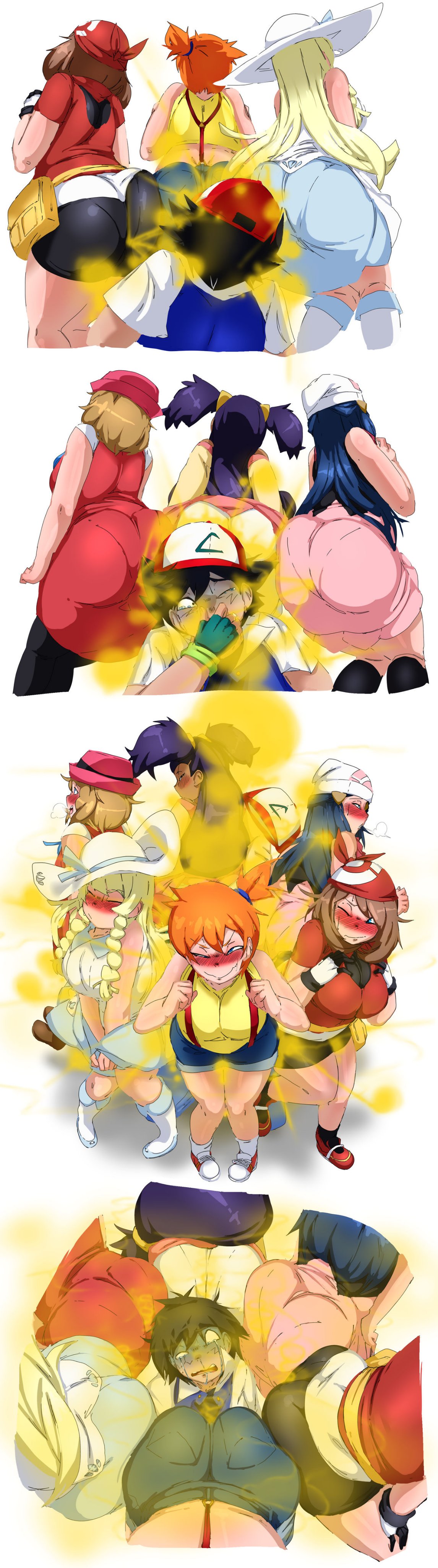 1boy, 6girls, aged up, ash ketchum, ass in face, blush, comic, dawn (pokemon), enjoying farting, fart, fart bukkake, fart fetish, fart torture, farting, farting in face, farts, group farting, honey hair, iris (pokemon), kasumi (pokemon), lazei, lillie (pokemon), male, may (pokemon), misty (pokemon), pokemon, pokemon xy, pokemon xy (anime), satoshi (pokemon), serena (pokemon), surrounded by ass