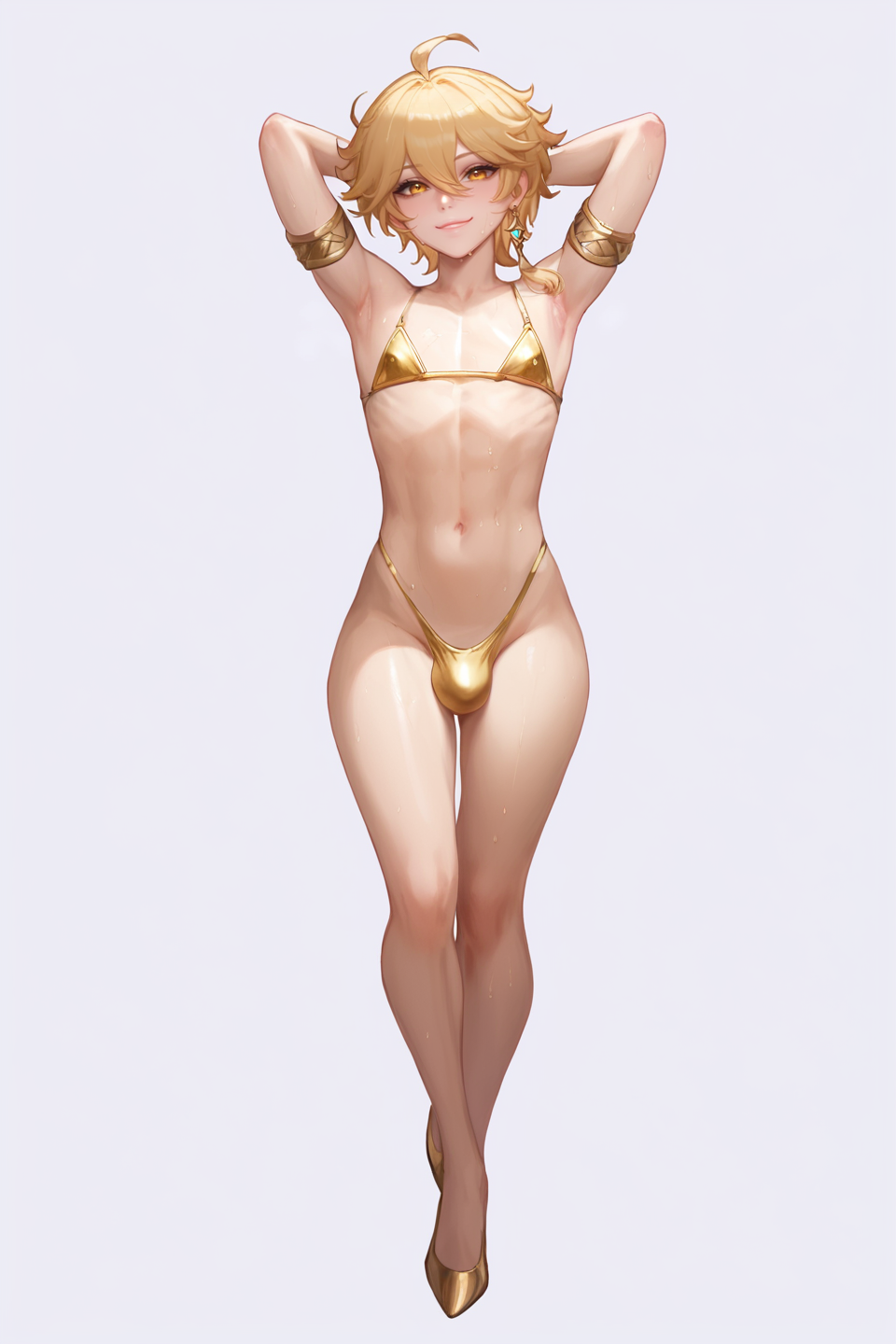 1femboy acw aether_(genshin_impact) ai_generated bikini blonde_hair bulge femboy femboy_only feminine_male gay genshin_impact girly gold_bikini golden_bikini high_heels male male_focus male_in_bikini sissy solo_femboy solo_male thong trap yaoi