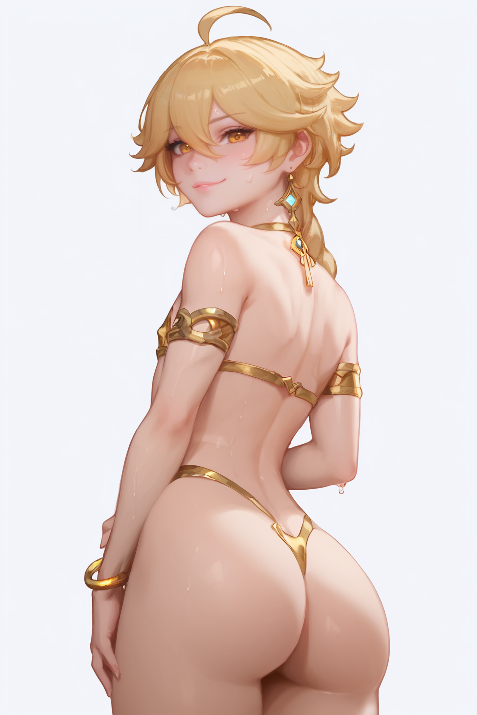 acw aether_(genshin_impact) ai_generated bikini blonde_hair femboy gay gold_bikini